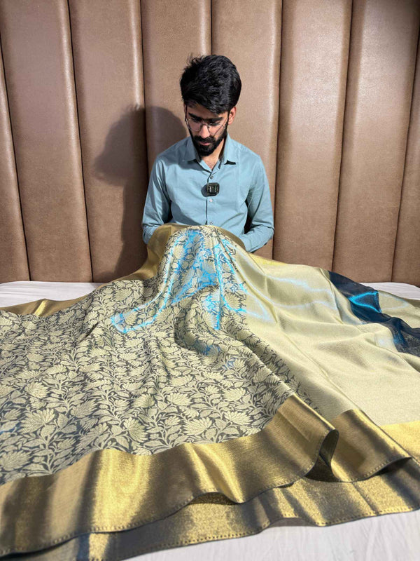 Metallic Blue Texture Glass Tissue Silk Zari Floral Banarasi Saree