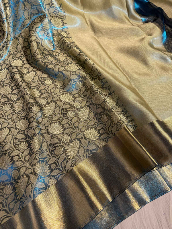 Metallic Blue Texture Glass Tissue Silk Zari Floral Banarasi Saree
