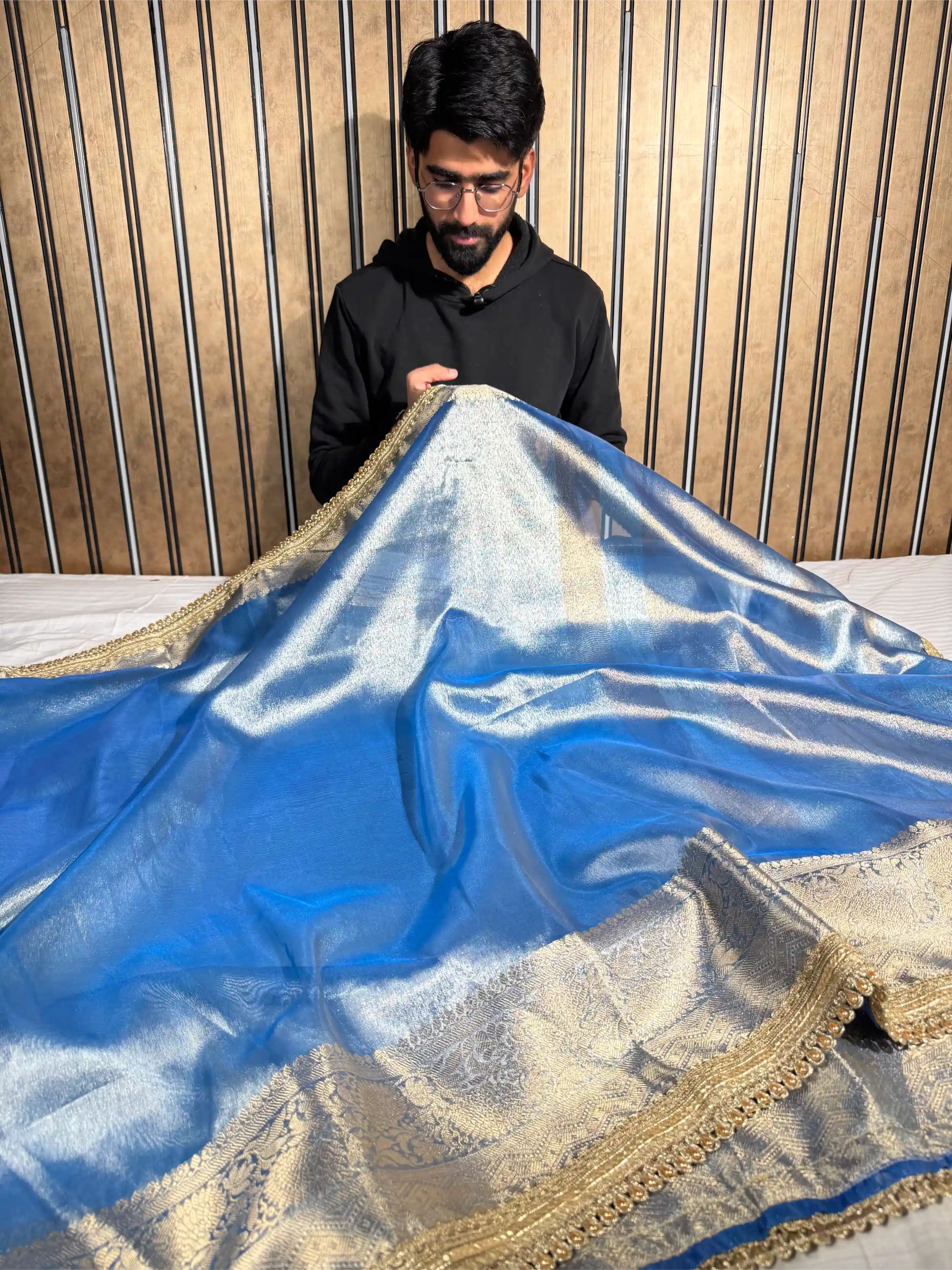 Metallic Blue Tissue Silk Designer Lace Attached Banarasi Saree