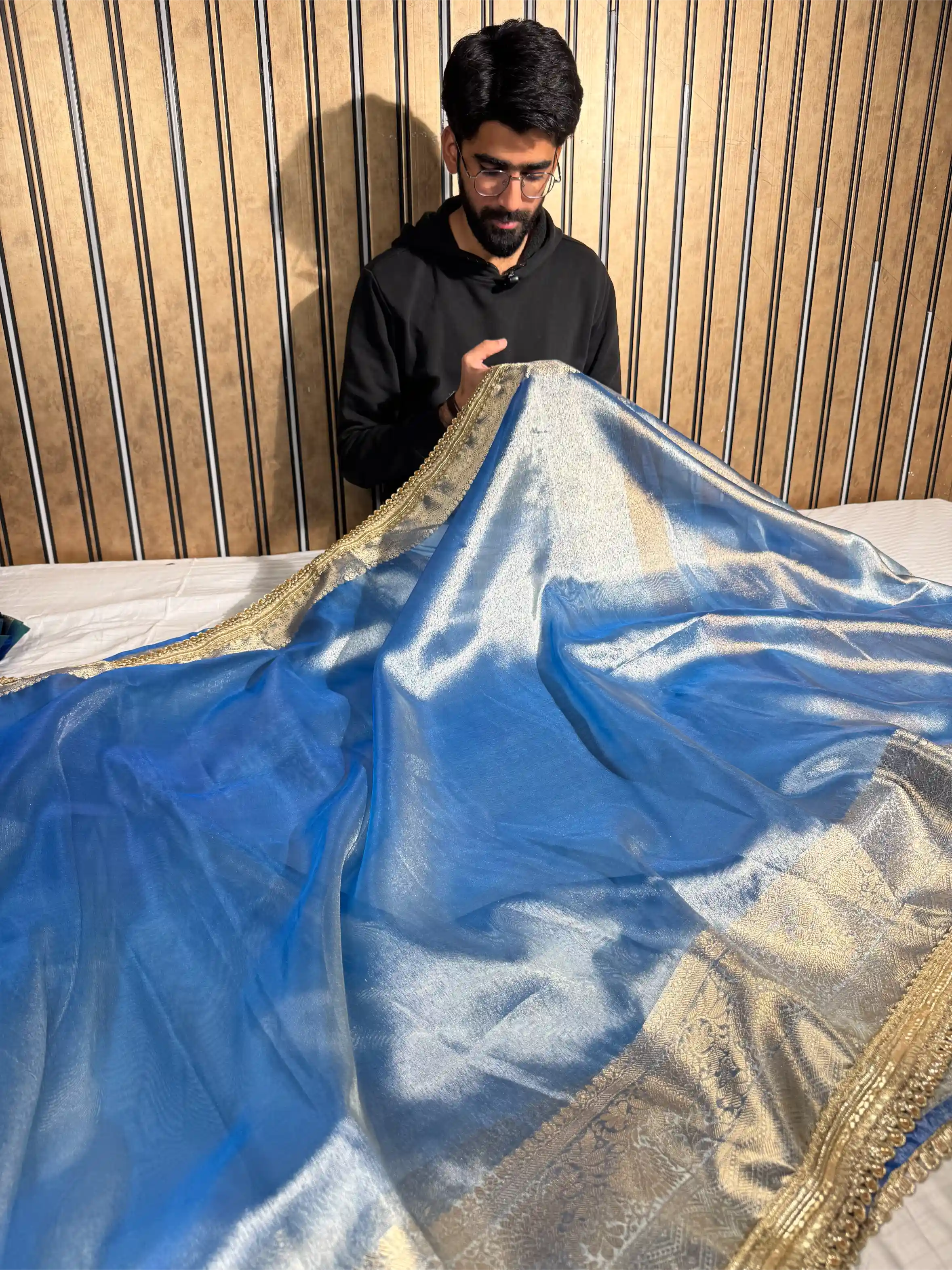 Metallic Blue Tissue Silk Designer Lace Attached Banarasi Saree