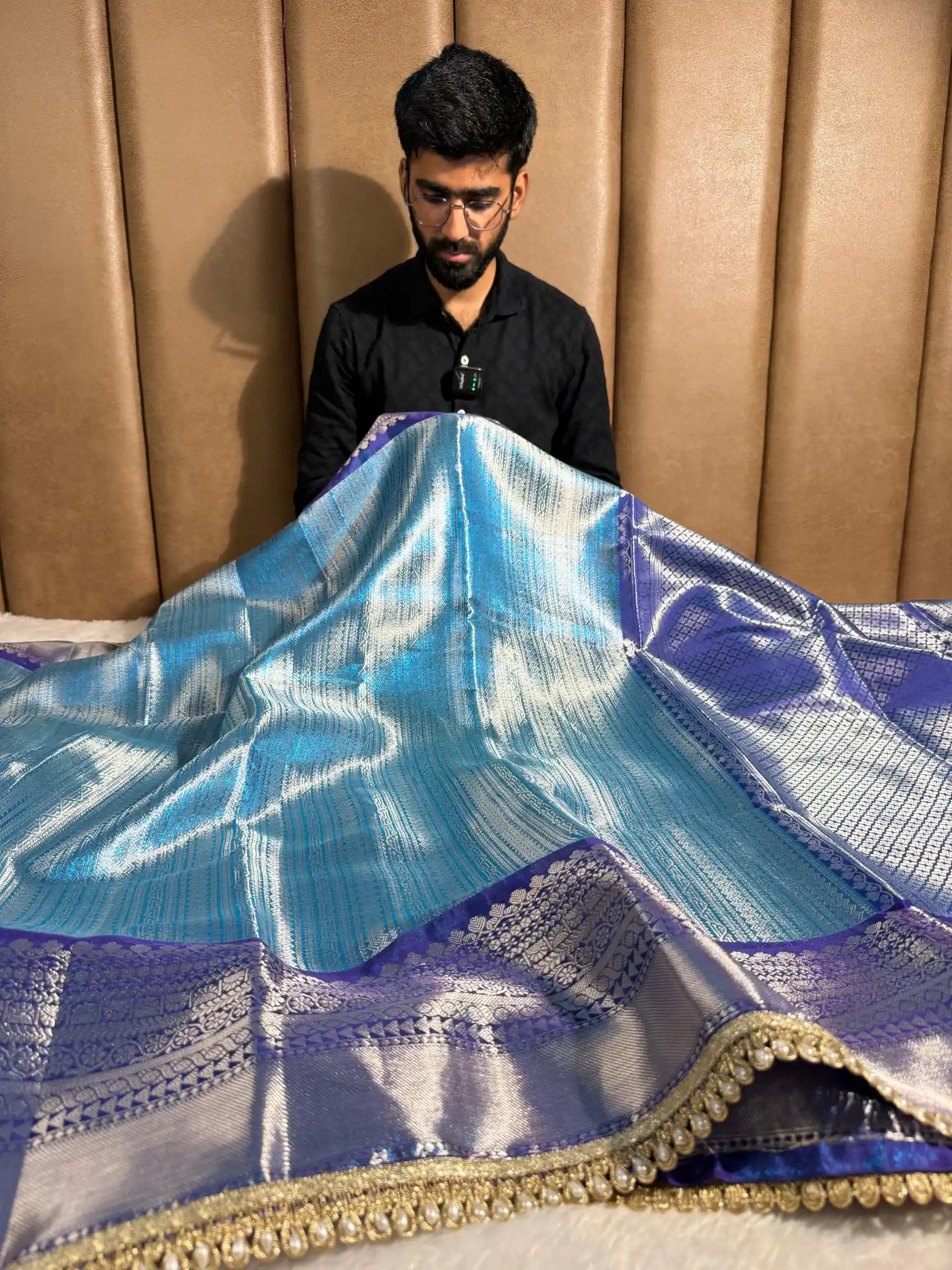 Metallic Blue Tissue Silk Designer Lace Work Banarasi Saree