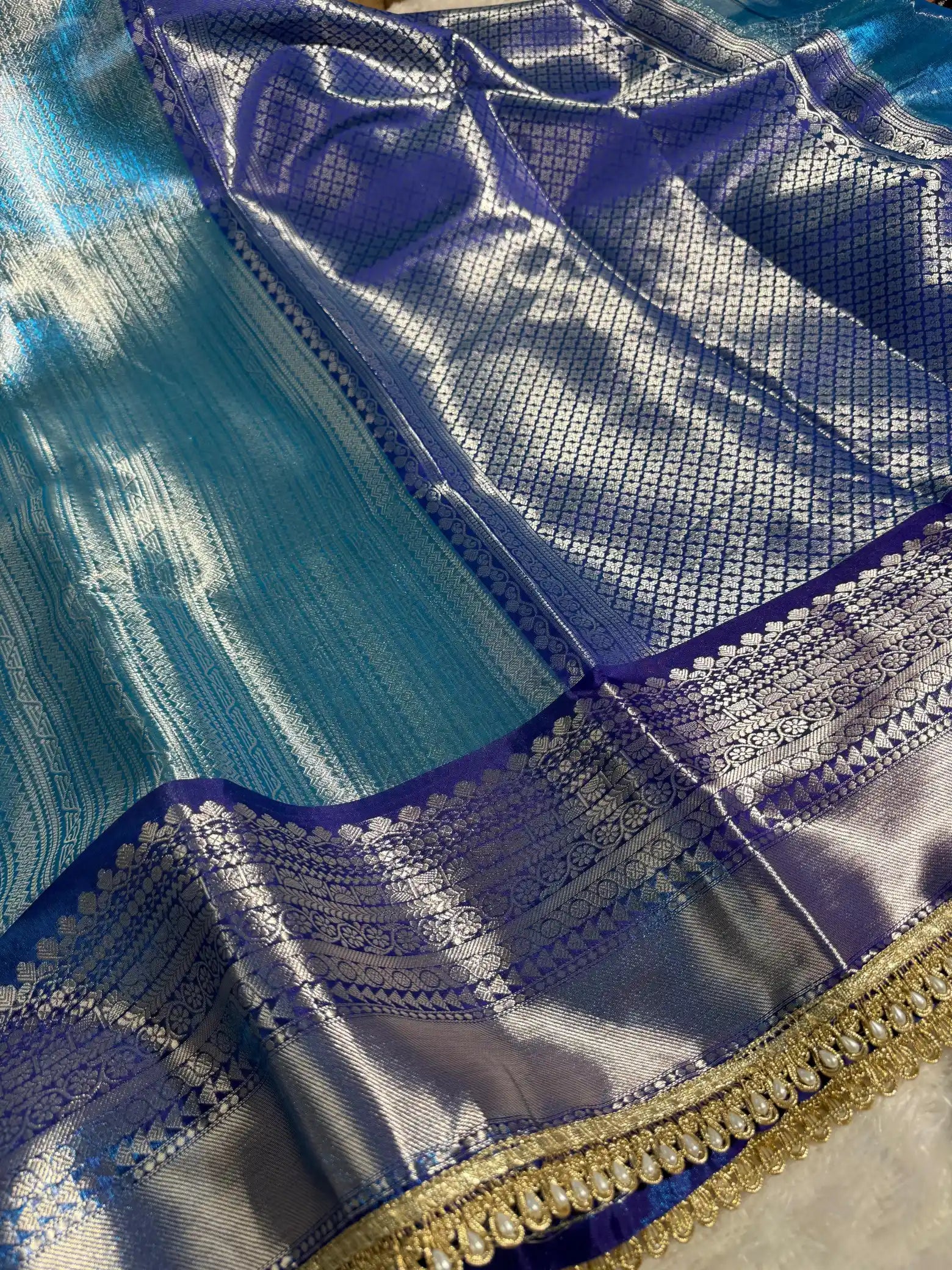 Metallic Blue Tissue Silk Designer Lace Work Banarasi Saree