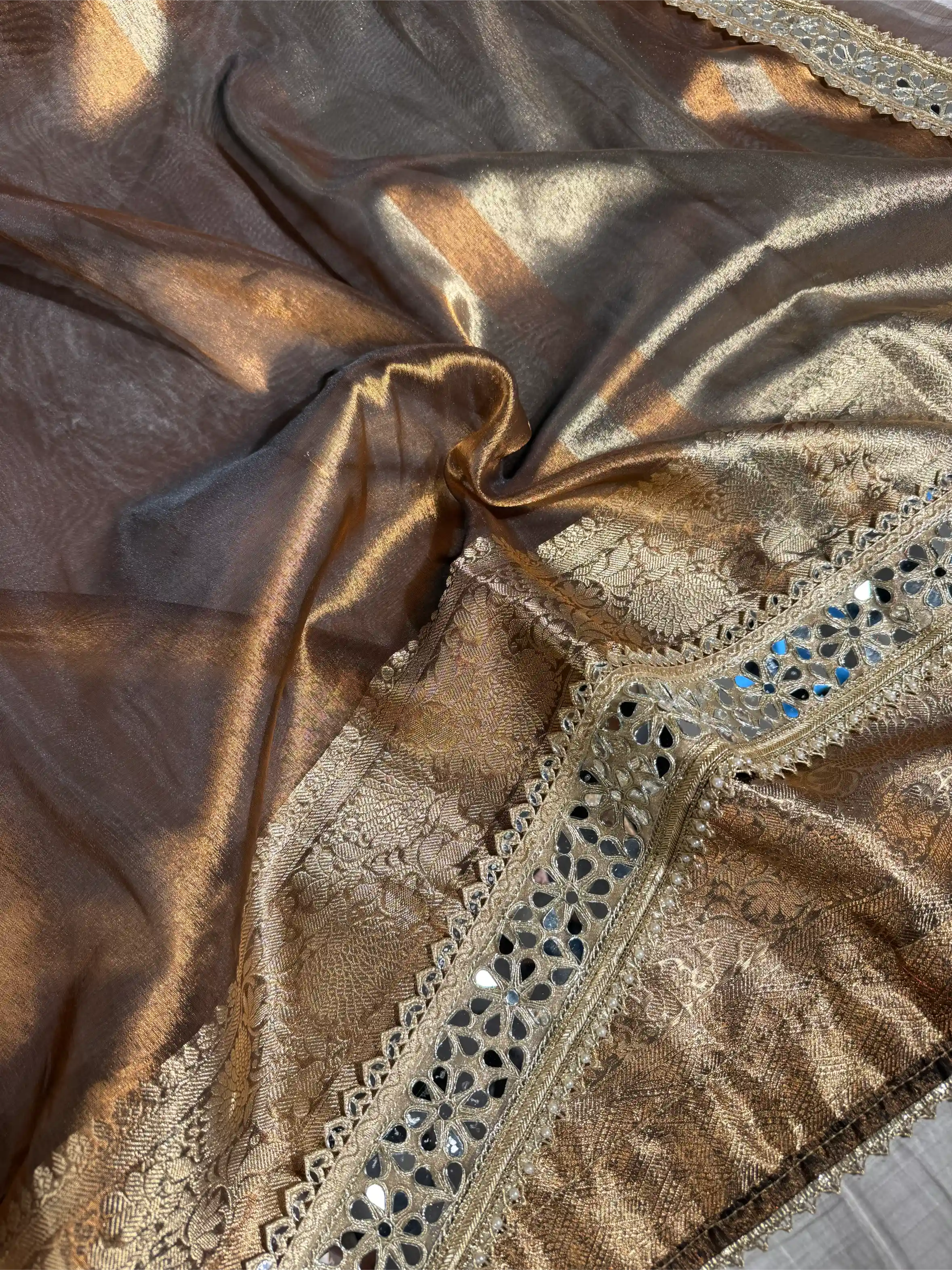 Metallic Brown Tissue Silk Mirror Work Banarasi Saree