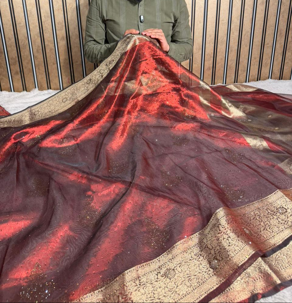 Metallic Carmine Red Tissue Silk Swarovski Work Saree