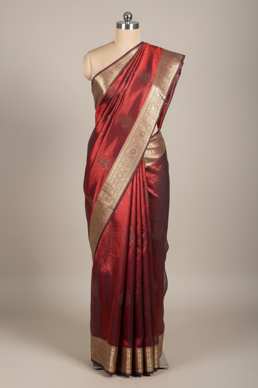 Metallic Carmine Red Tissue Silk Swarovski Work Saree