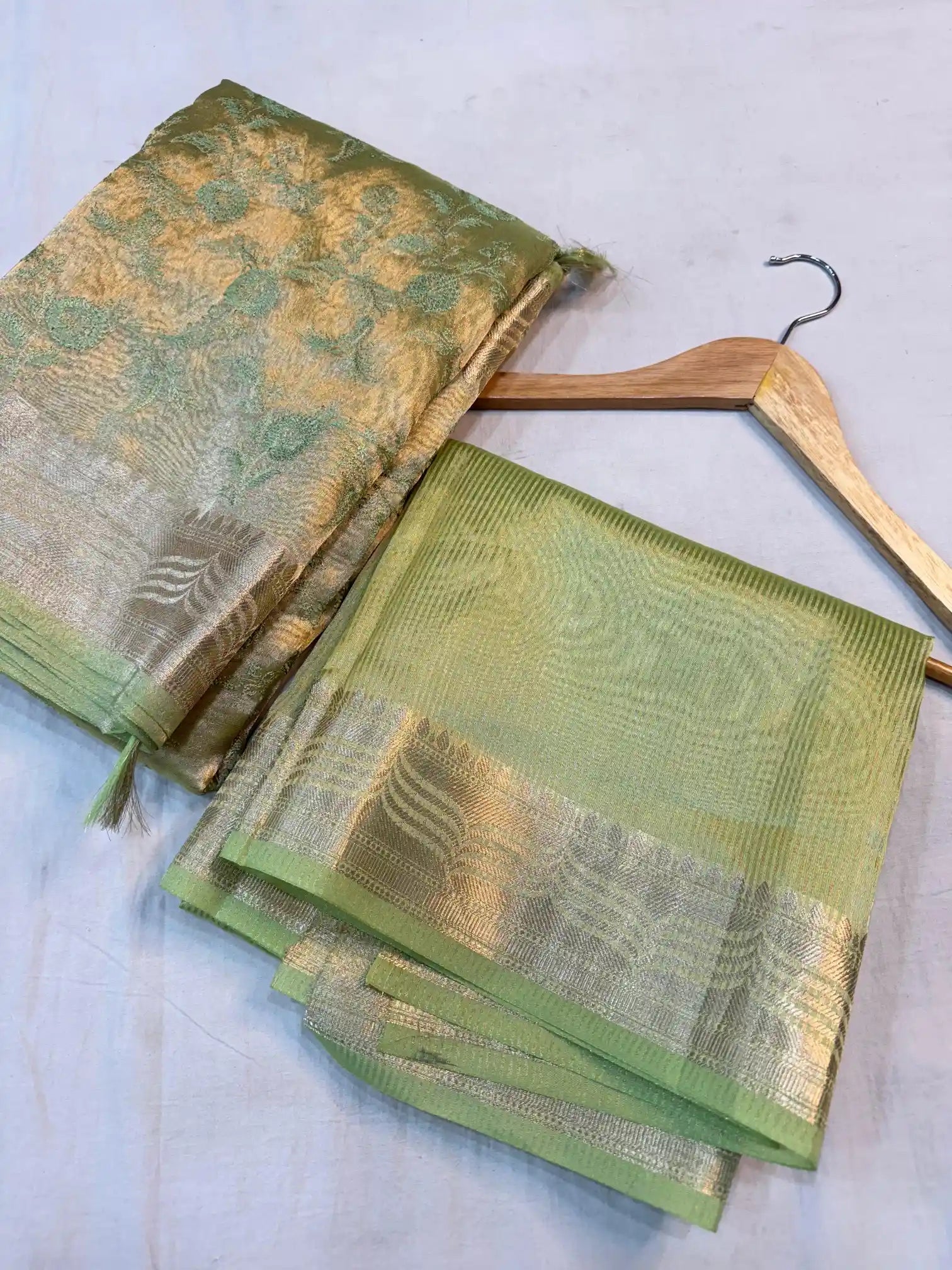 Metallic Green  Banarasi Tissue Silk Chikankari Work Saree