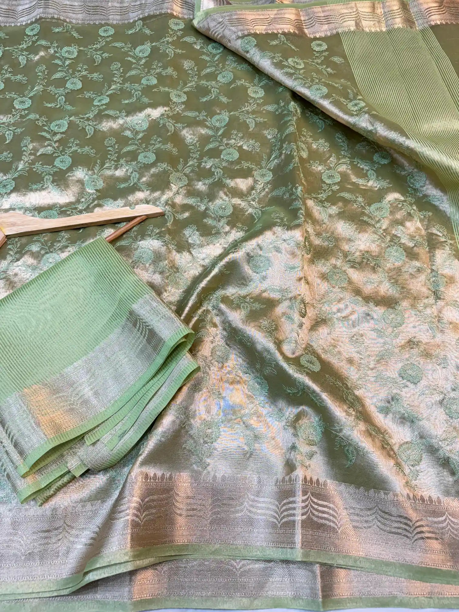 Metallic Green  Banarasi Tissue Silk Chikankari Work Saree