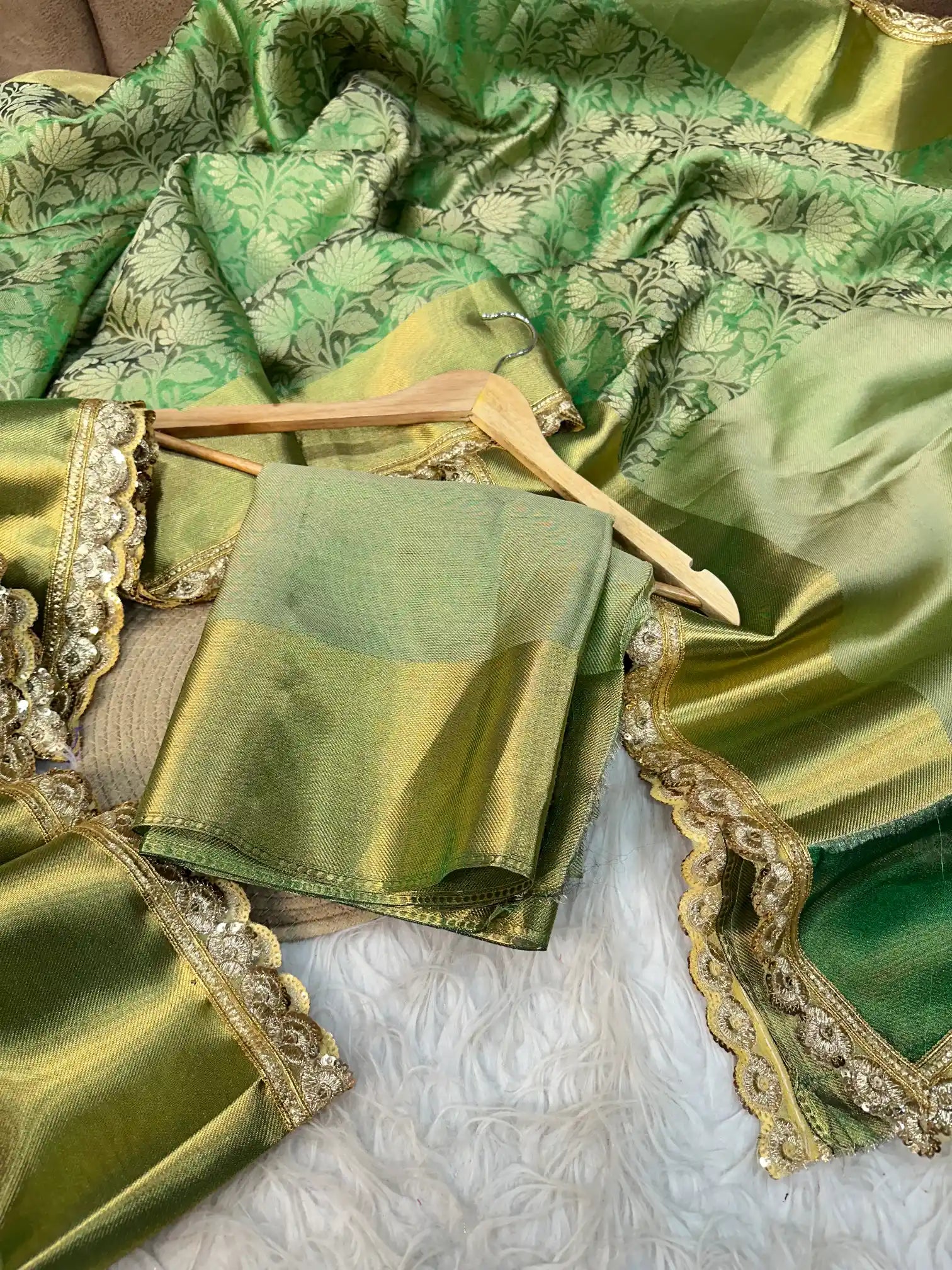 Metallic Green Banarasi Tissue Silk Exclusive Lace Work Saree