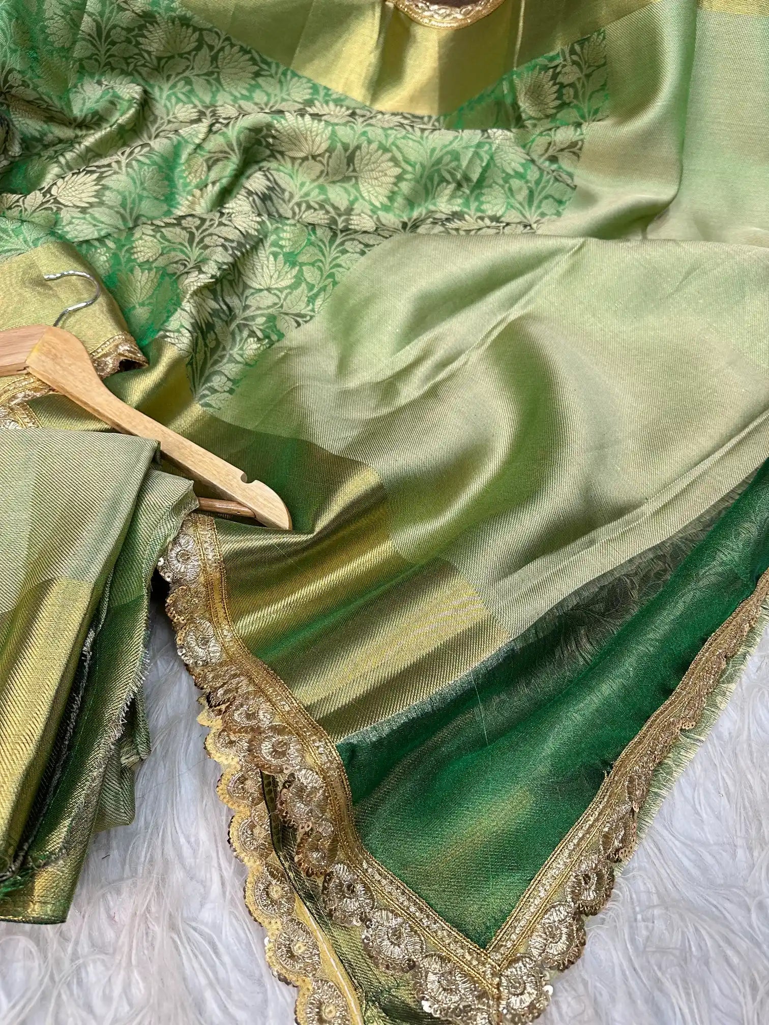 Metallic Green Banarasi Tissue Silk Exclusive Lace Work Saree