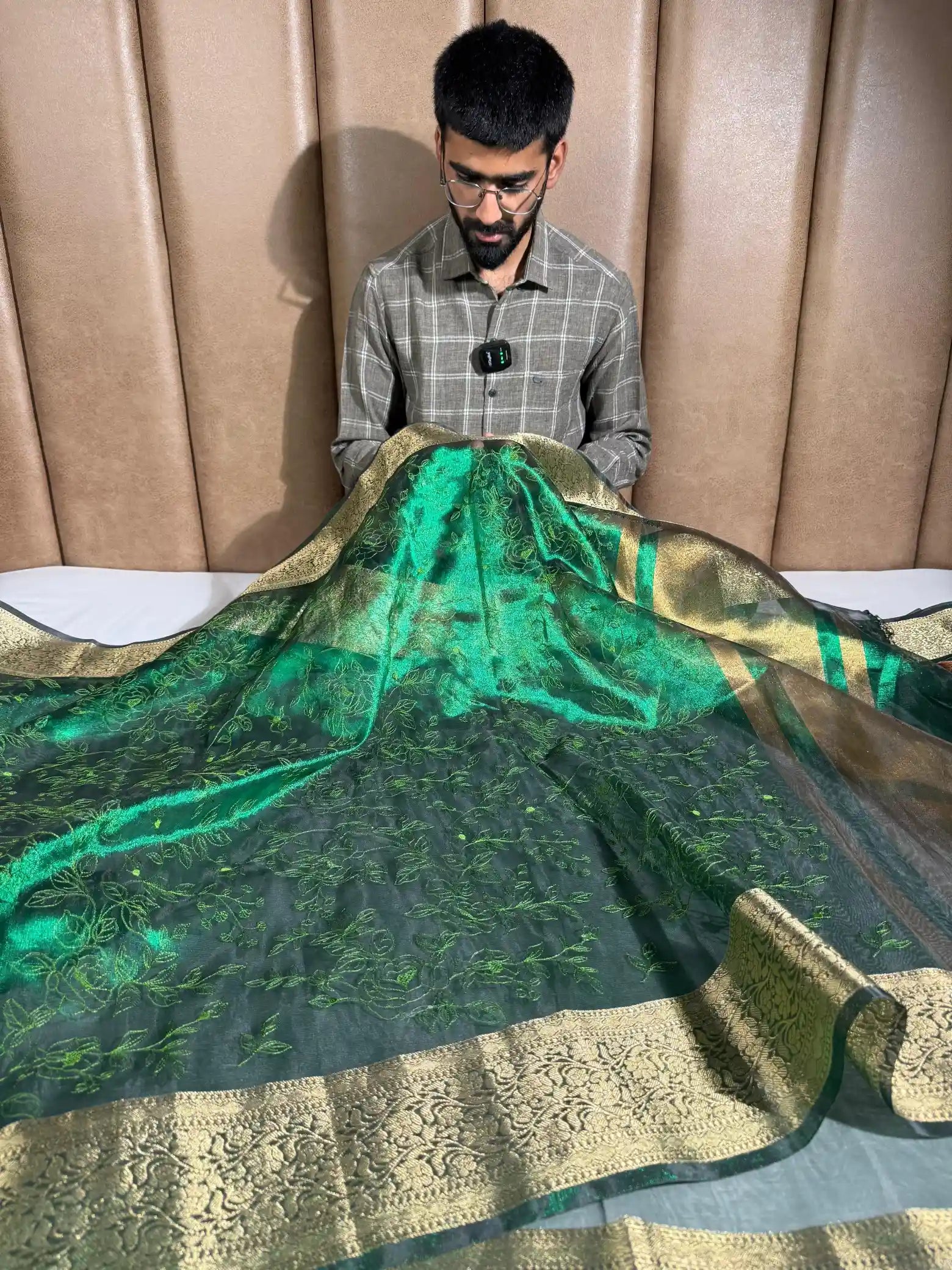 Metallic Green Chikankari Embroidered Tissue Silk Saree