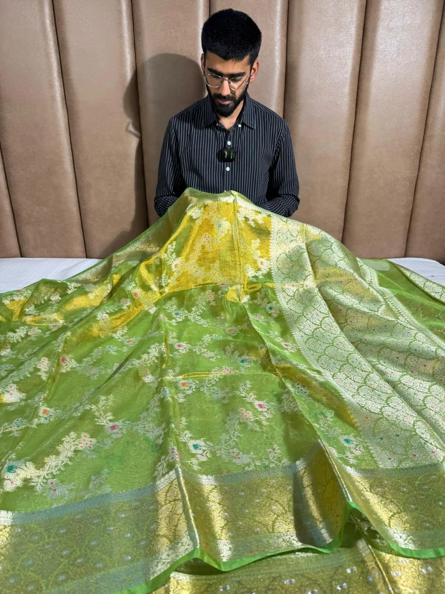 Metallic Green Intricate Meena Weave Tissue Silk Heritage Banarasi Saree