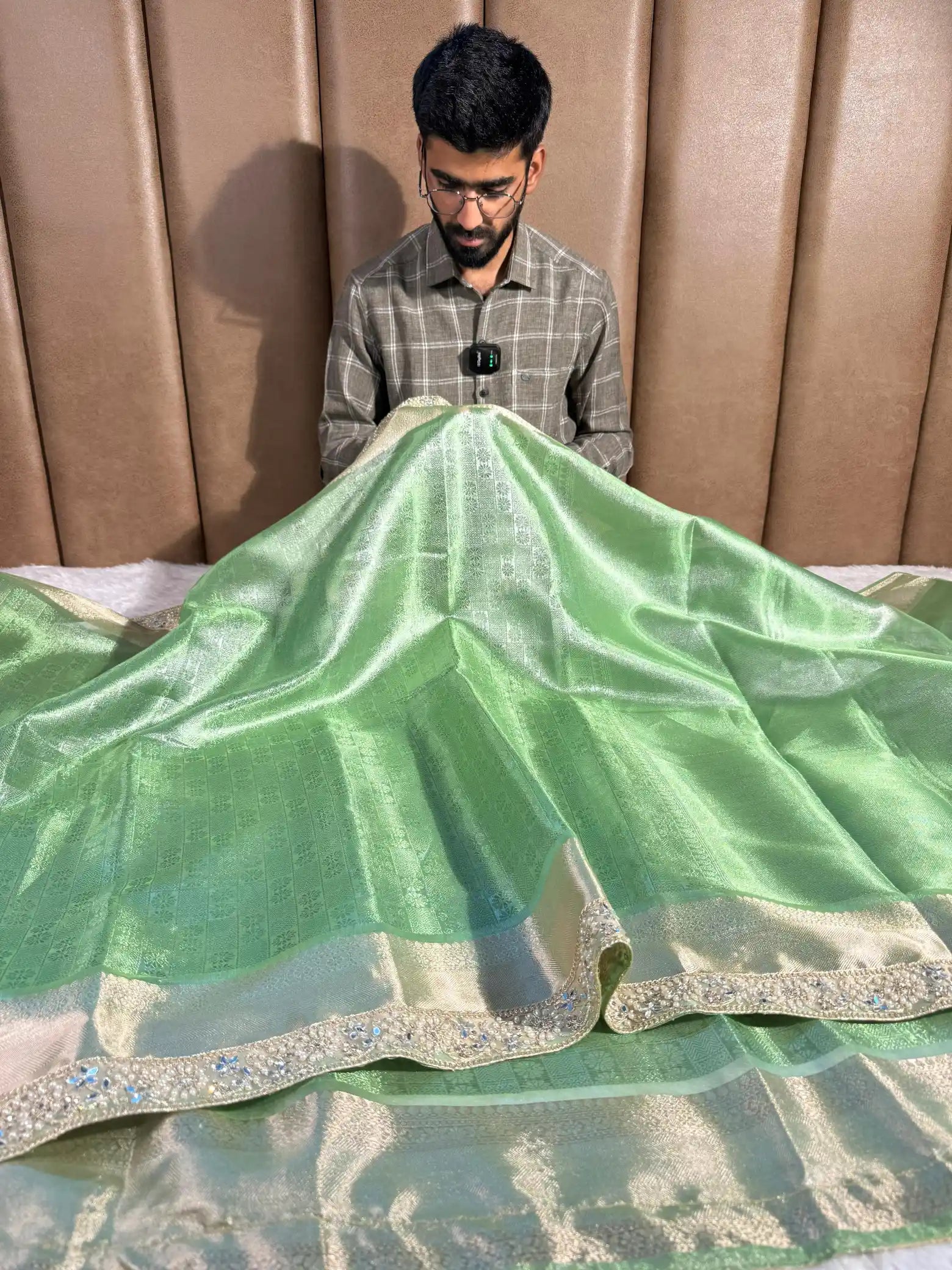 Metallic Green Kanjivaram Brocade Tissue Saree with Premium Designer Lace Work