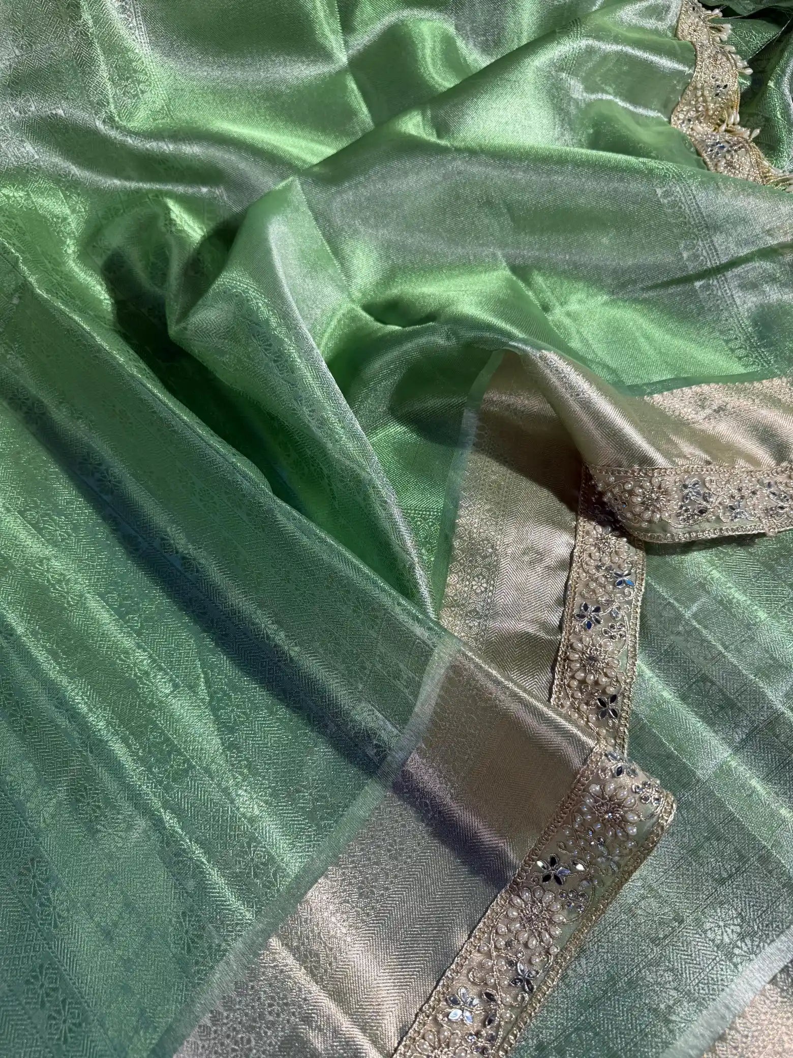 Metallic Green Kanjivaram Brocade Tissue Saree with Premium Designer Lace Work