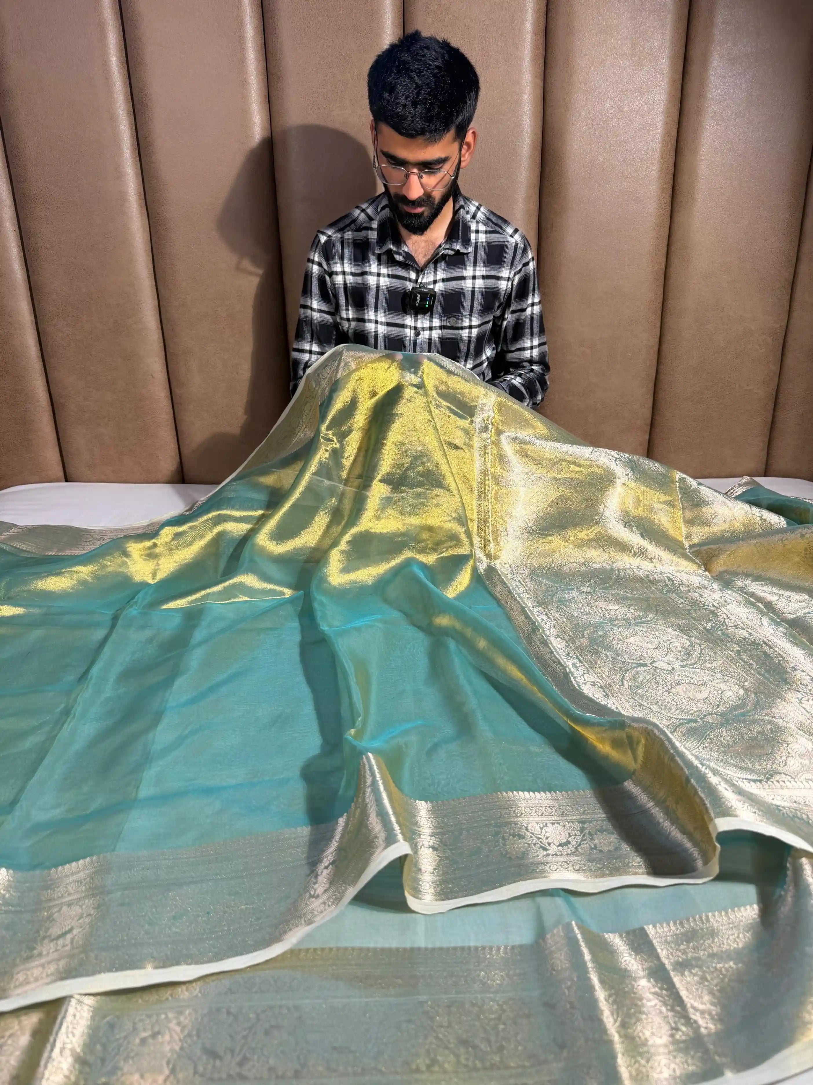Metallic Green Shade 100% Pure Tissue Silk Banarasi Saree