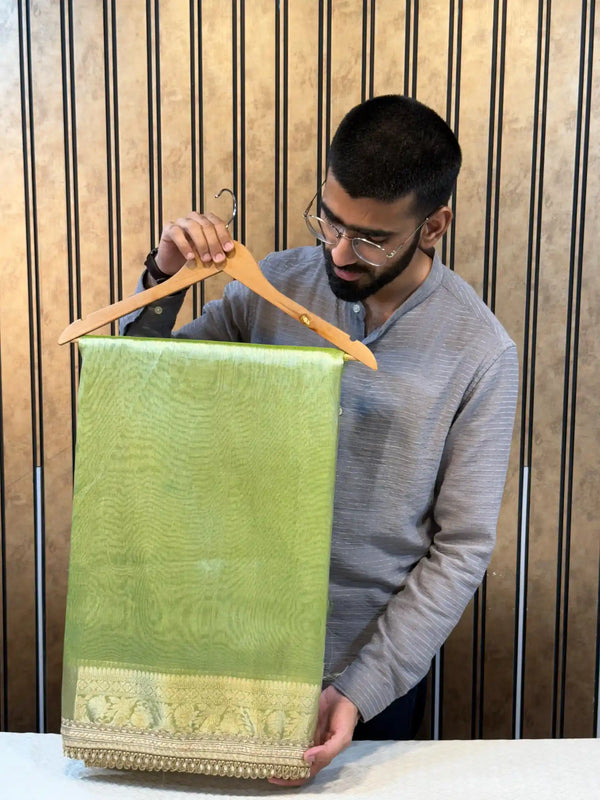 Metallic Green Tissue Silk Designer Lace Work Banarasi Saree