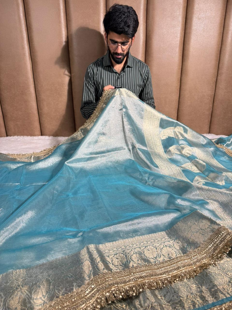 Metallic Green Tissue Silk Zari Jacquard Lace Work Banarasi Saree