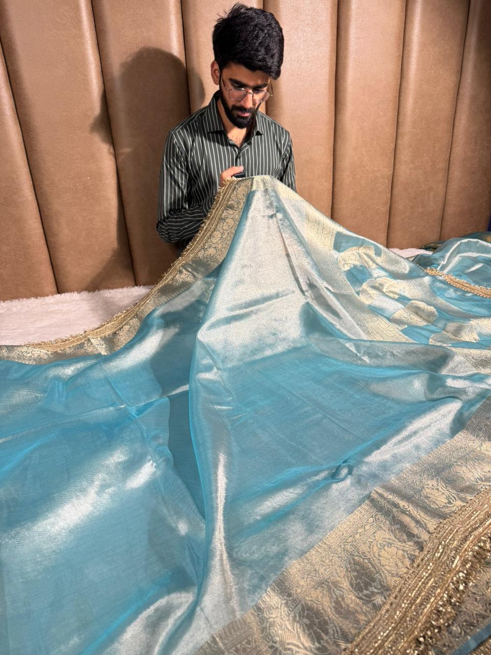 Metallic Green Tissue Silk Zari Jacquard Lace Work Banarasi Saree