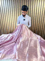 Metallic Lavenderish Glass Tissue Silk Motifs Banarasi Saree