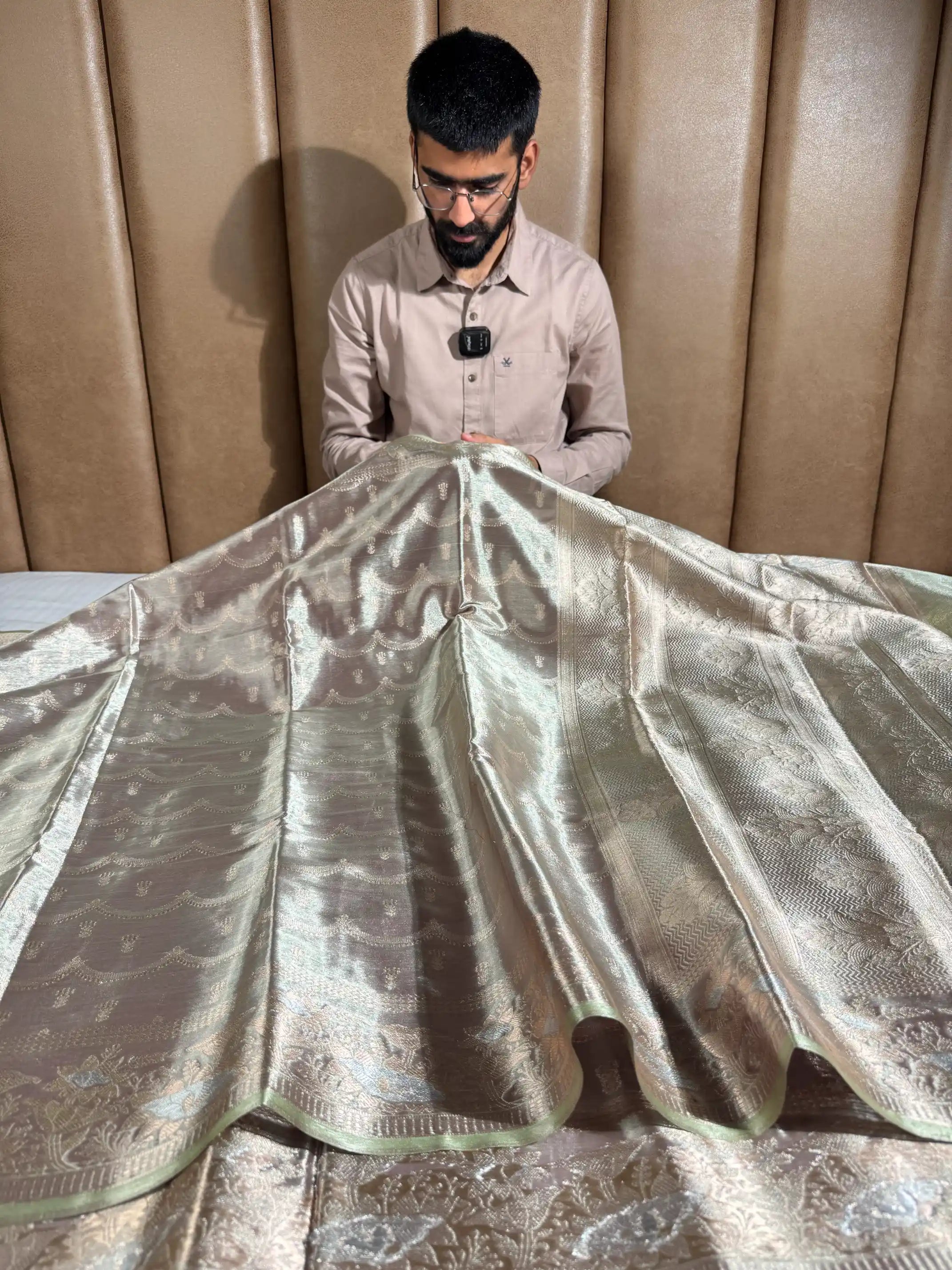 Metallic Mint Green Kathan Tissue Silk Banarasi saree