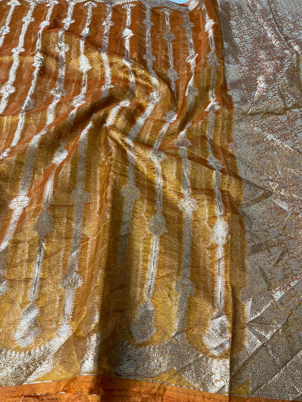 Metallic Mustard Yellow Crush Tissue Silk Banarasi Saree