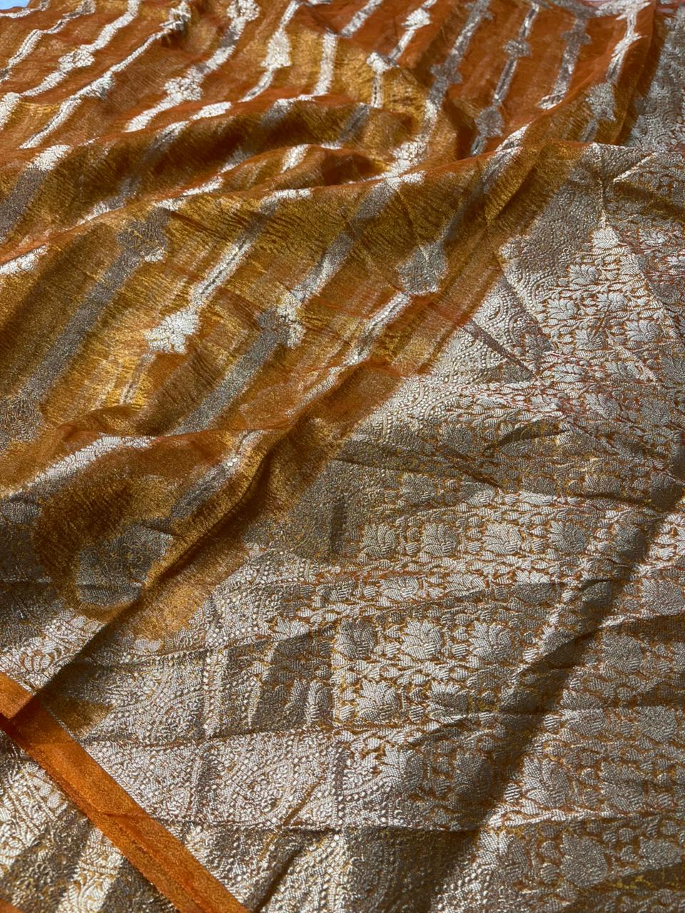 Metallic Mustard Yellow Crush Tissue Silk Banarasi Saree