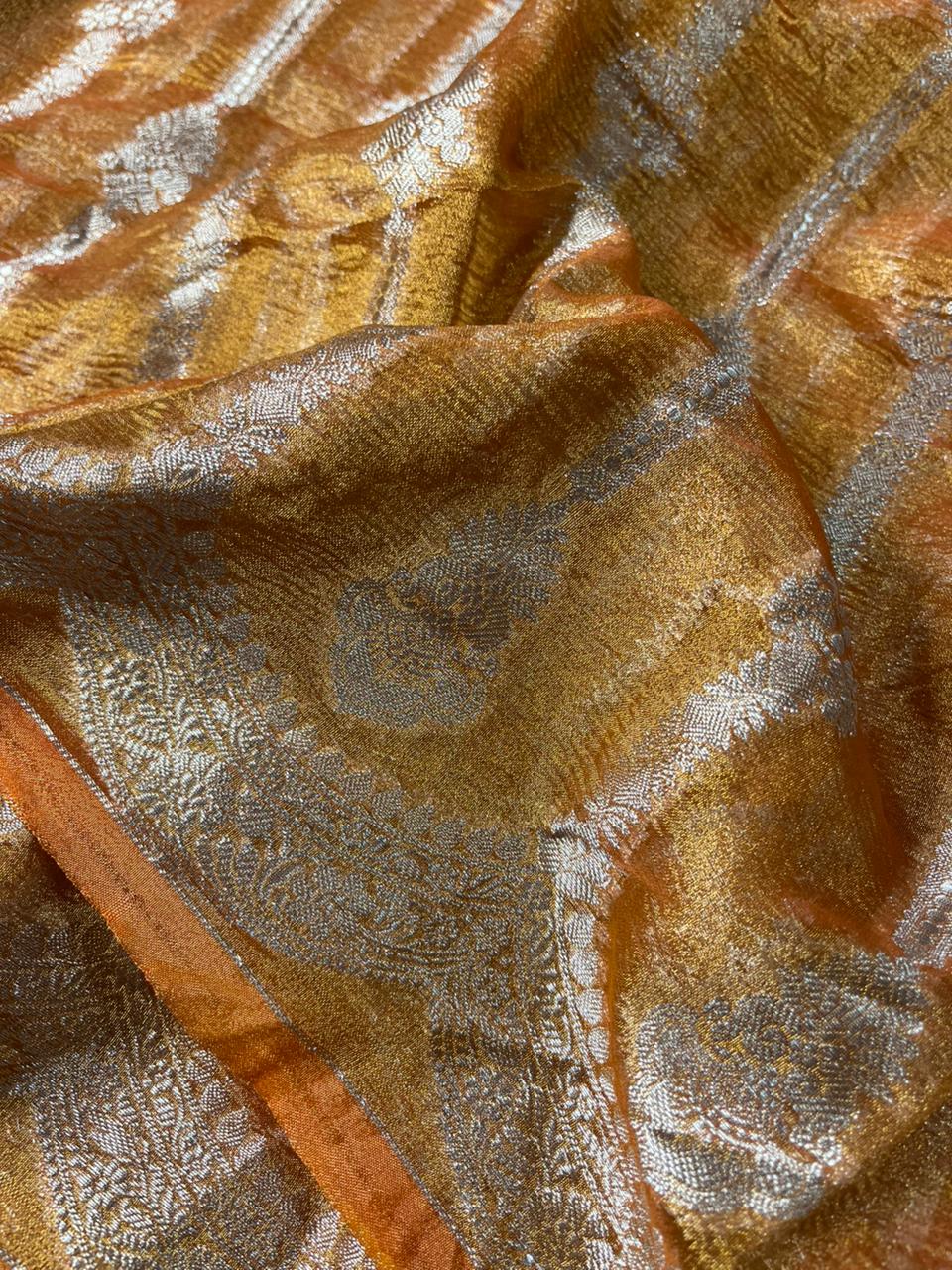 Metallic Mustard Yellow Crush Tissue Silk Banarasi Saree