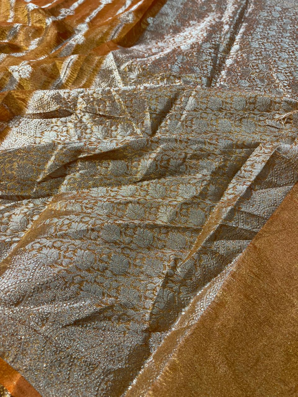 Metallic Mustard Yellow Crush Tissue Silk Banarasi Saree
