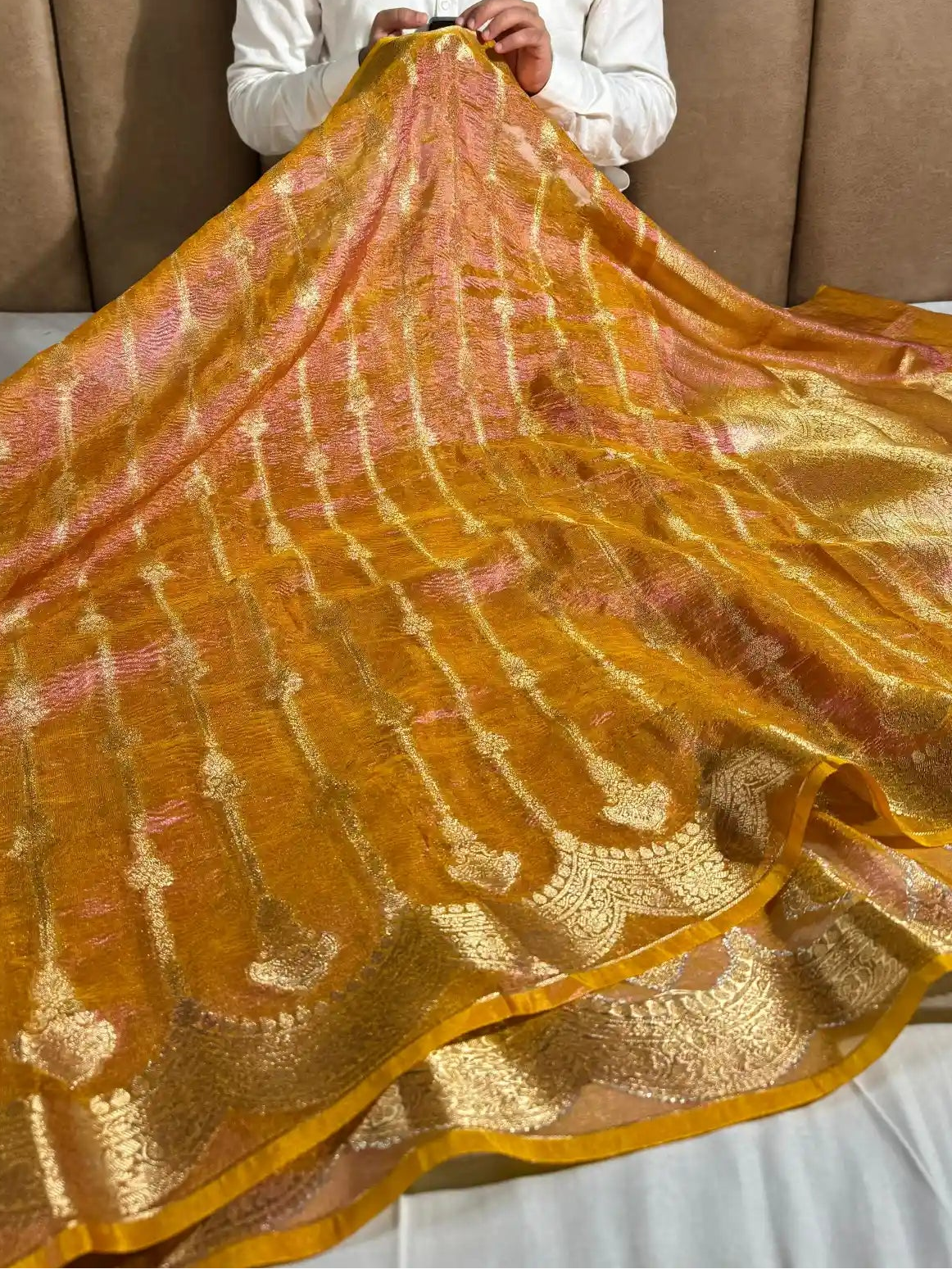 Metallic Mustard Yellow crush tissue silk saree with rich pallu and blouse