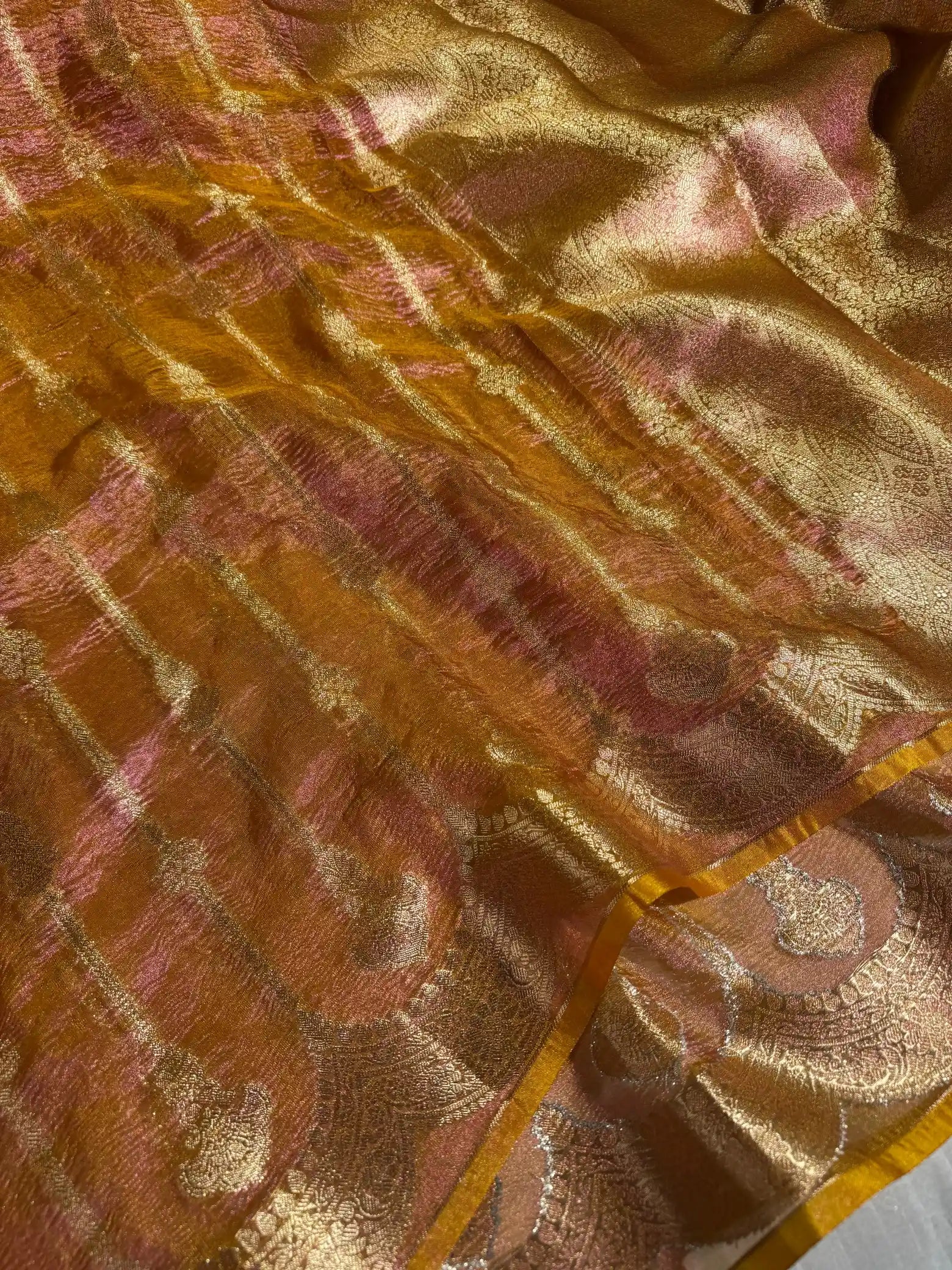 Metallic Mustard Yellow crush tissue silk saree with rich pallu and blouse