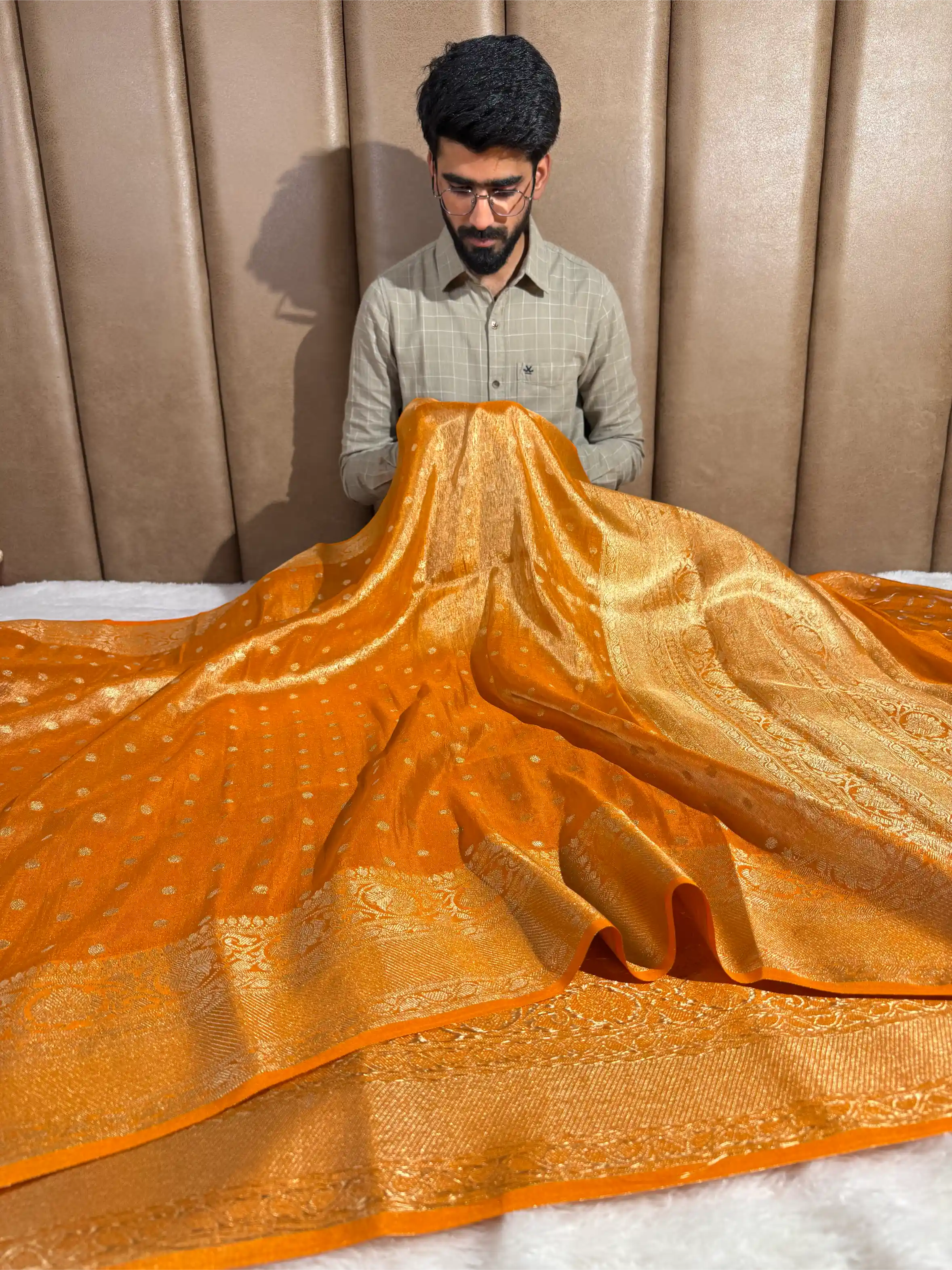 Metallic Orange Breathable Soft Tissue Silk Banarasi Saree