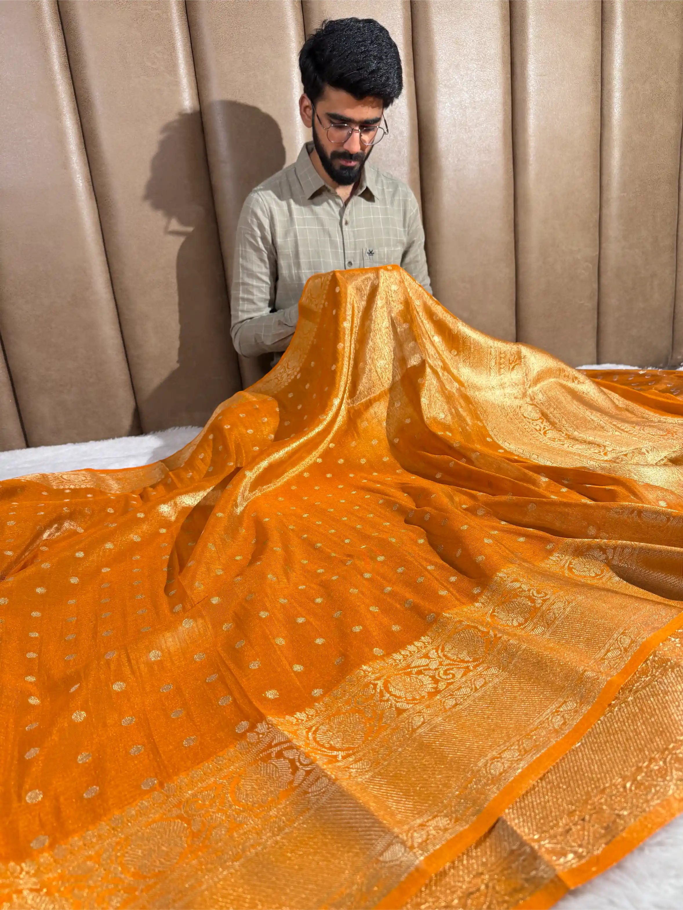 Metallic Orange Breathable Soft Tissue Silk Banarasi Saree