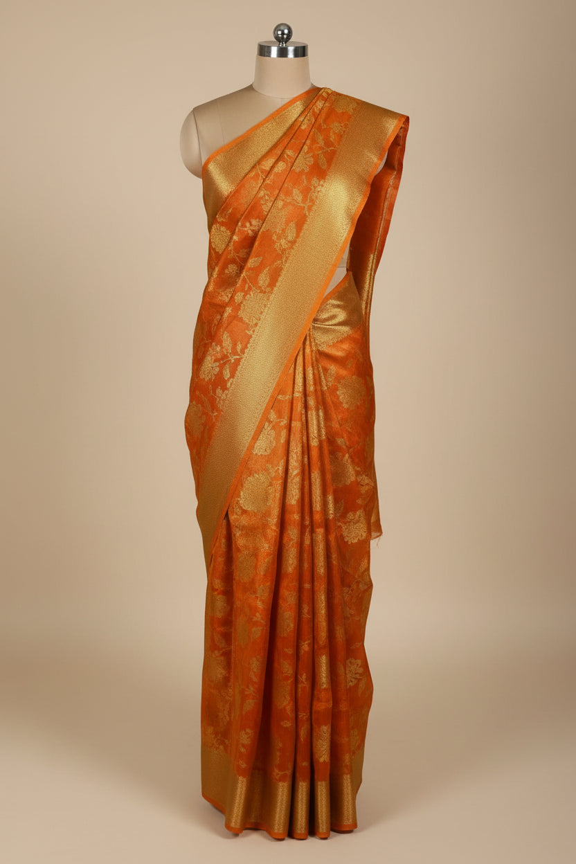 Metallic Orange Breathable Tissue Silk Banarasi Saree