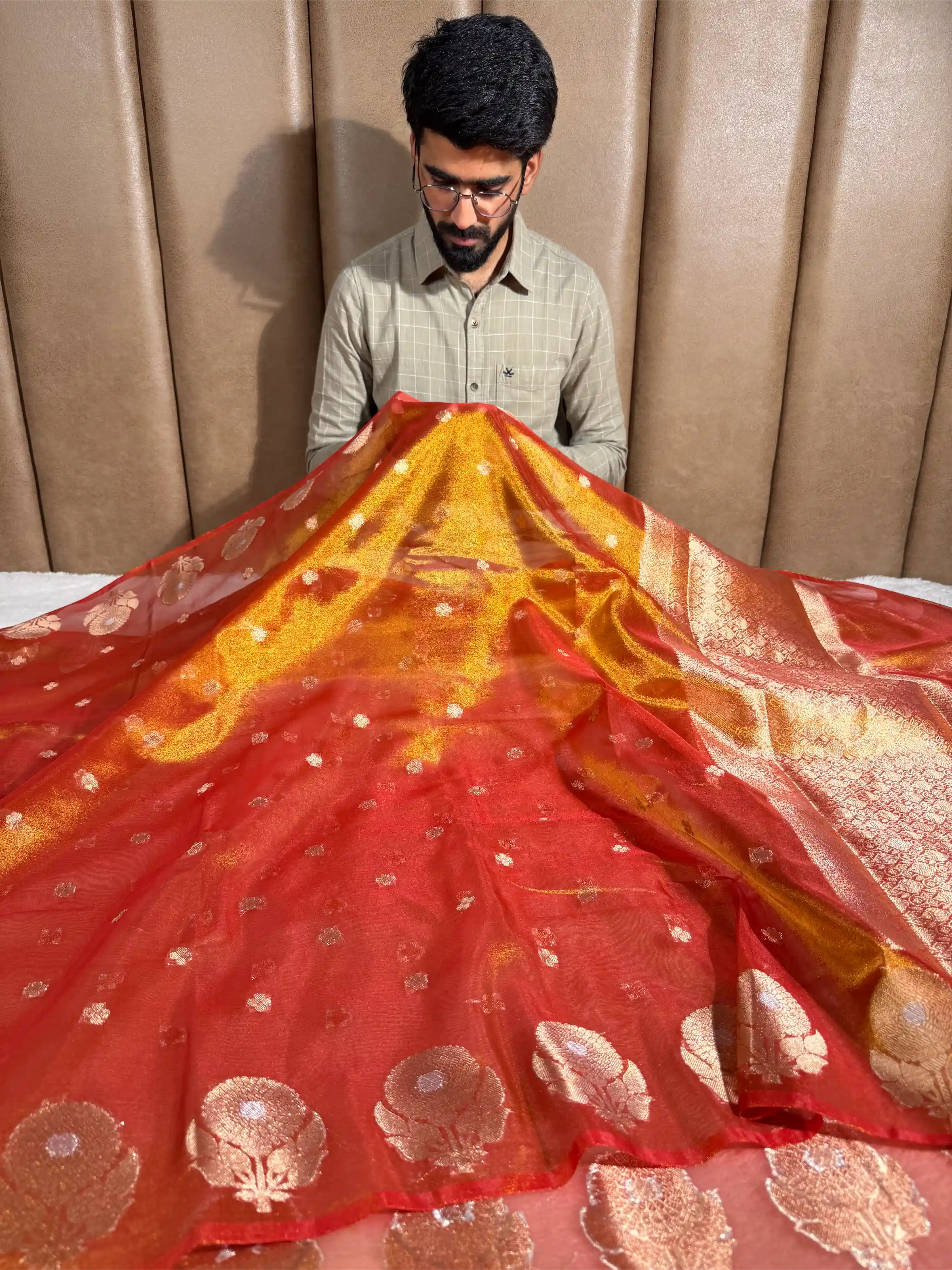 Metallic Orange Eccentric Soft Tissue Silk Banarasi Saree