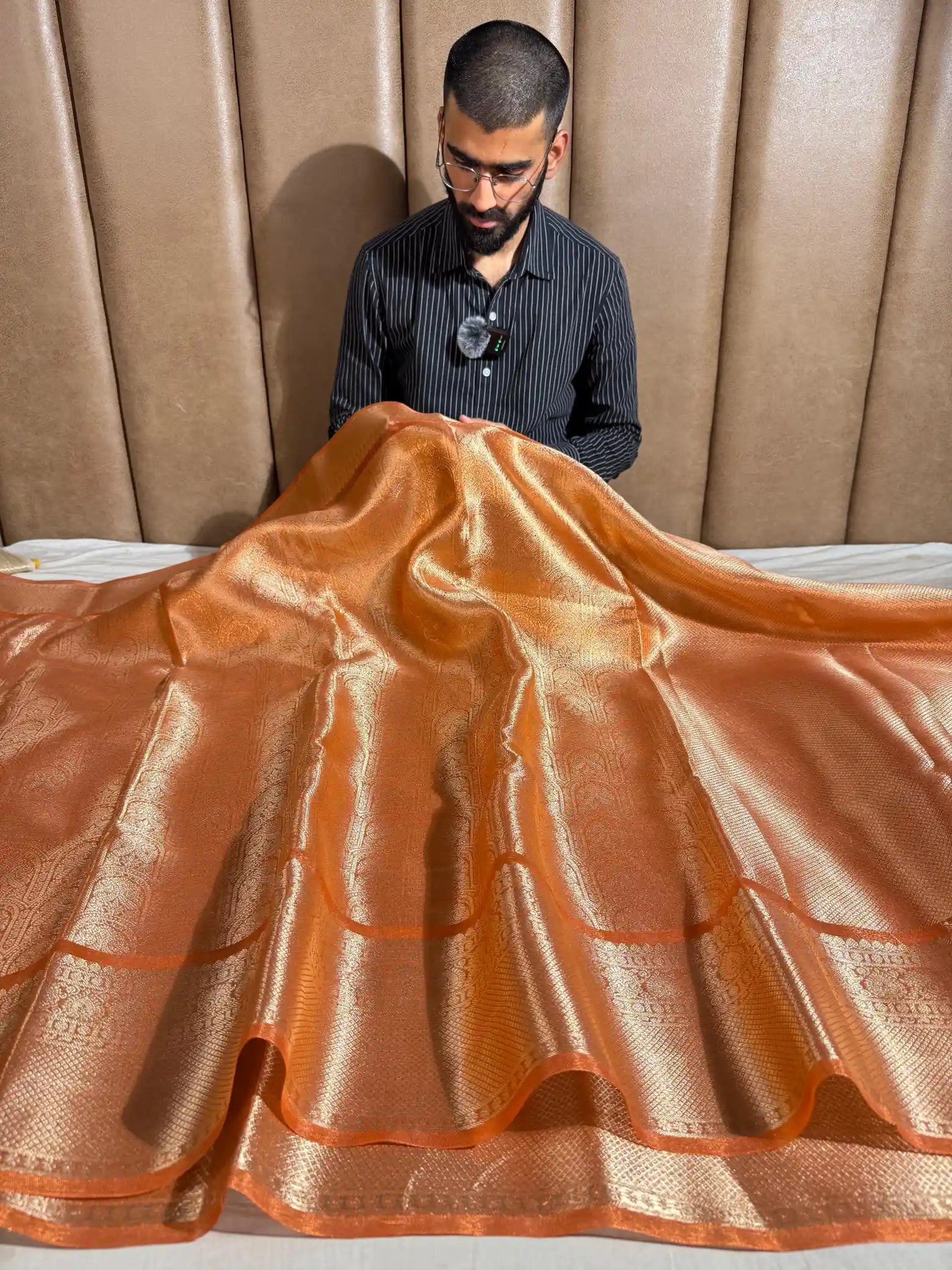 Metallic Orange Kanjivaram Brocade Tissue Silk Copper Zari Heritage Weave Banarasi Saree