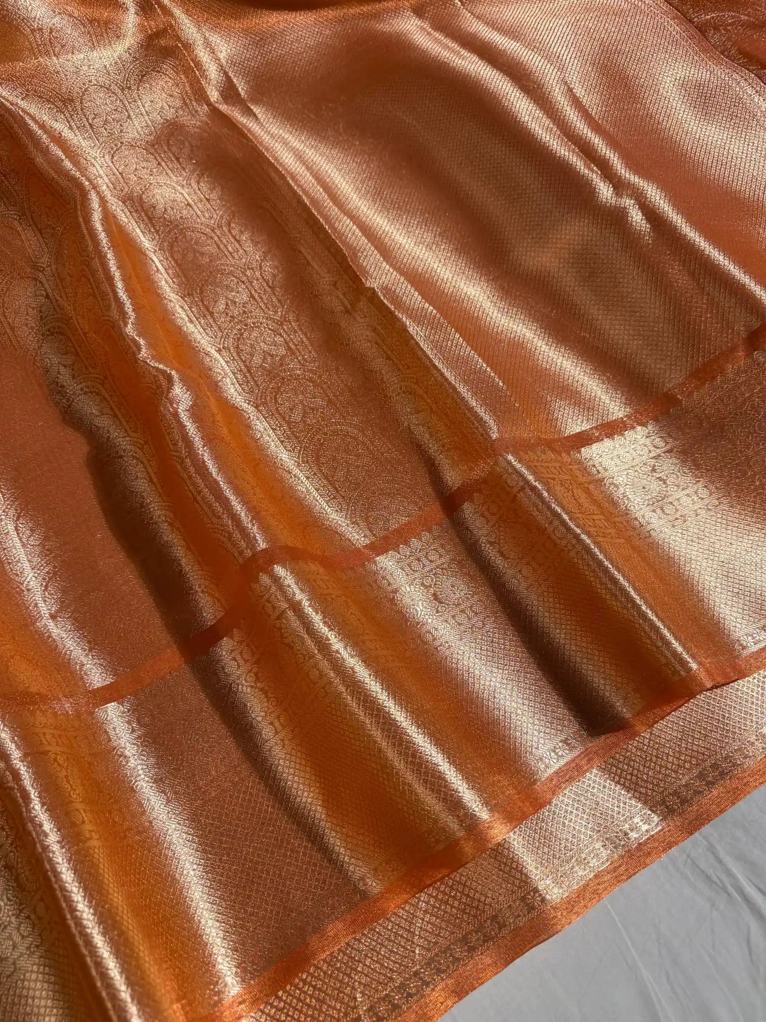 Metallic Orange Kanjivaram Brocade Tissue Silk Copper Zari Heritage Weave Banarasi Saree