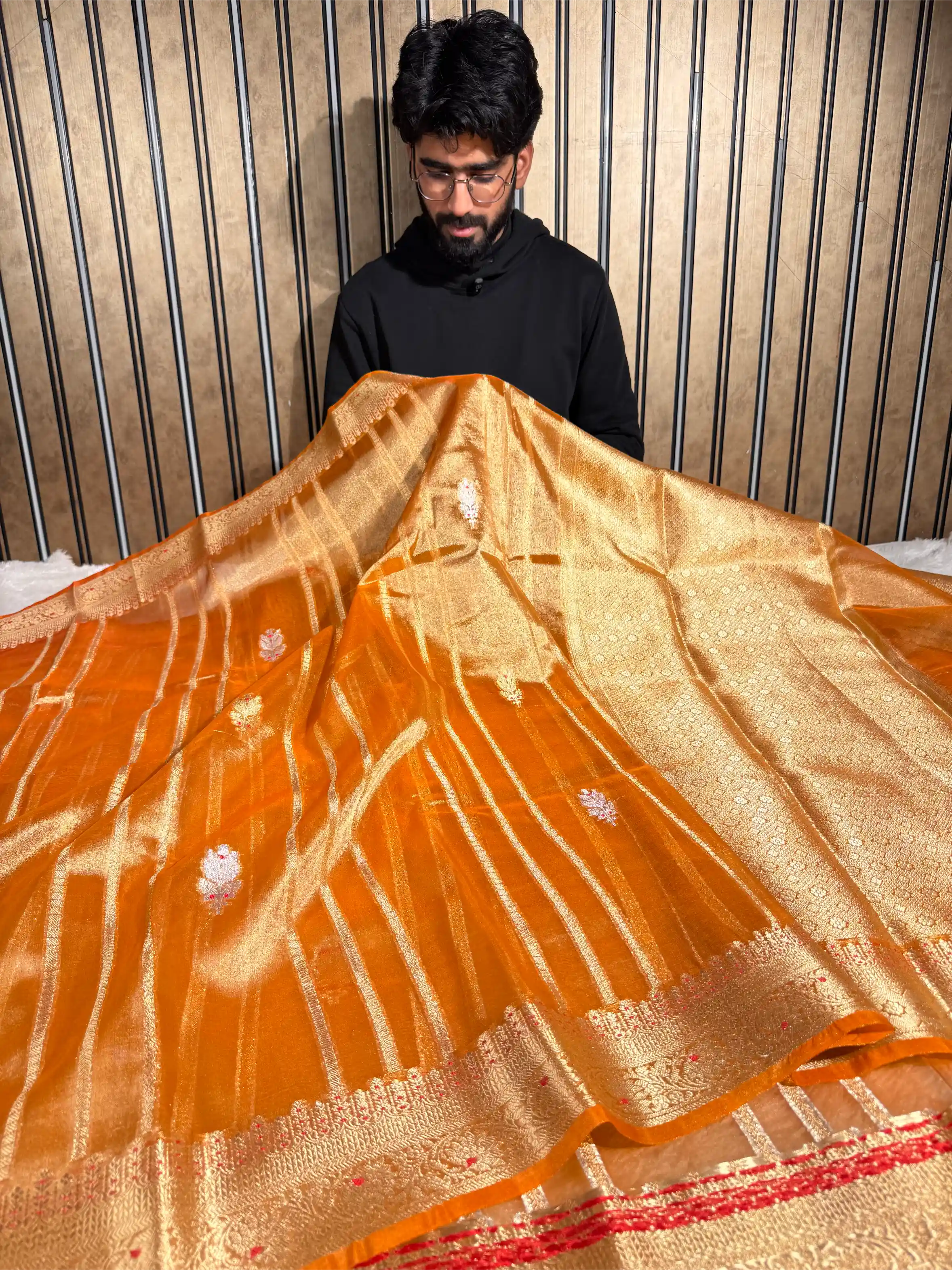 Metallic Orange Kora Tissue Silk Contemporary Meenakari Weave Banarasi Saree