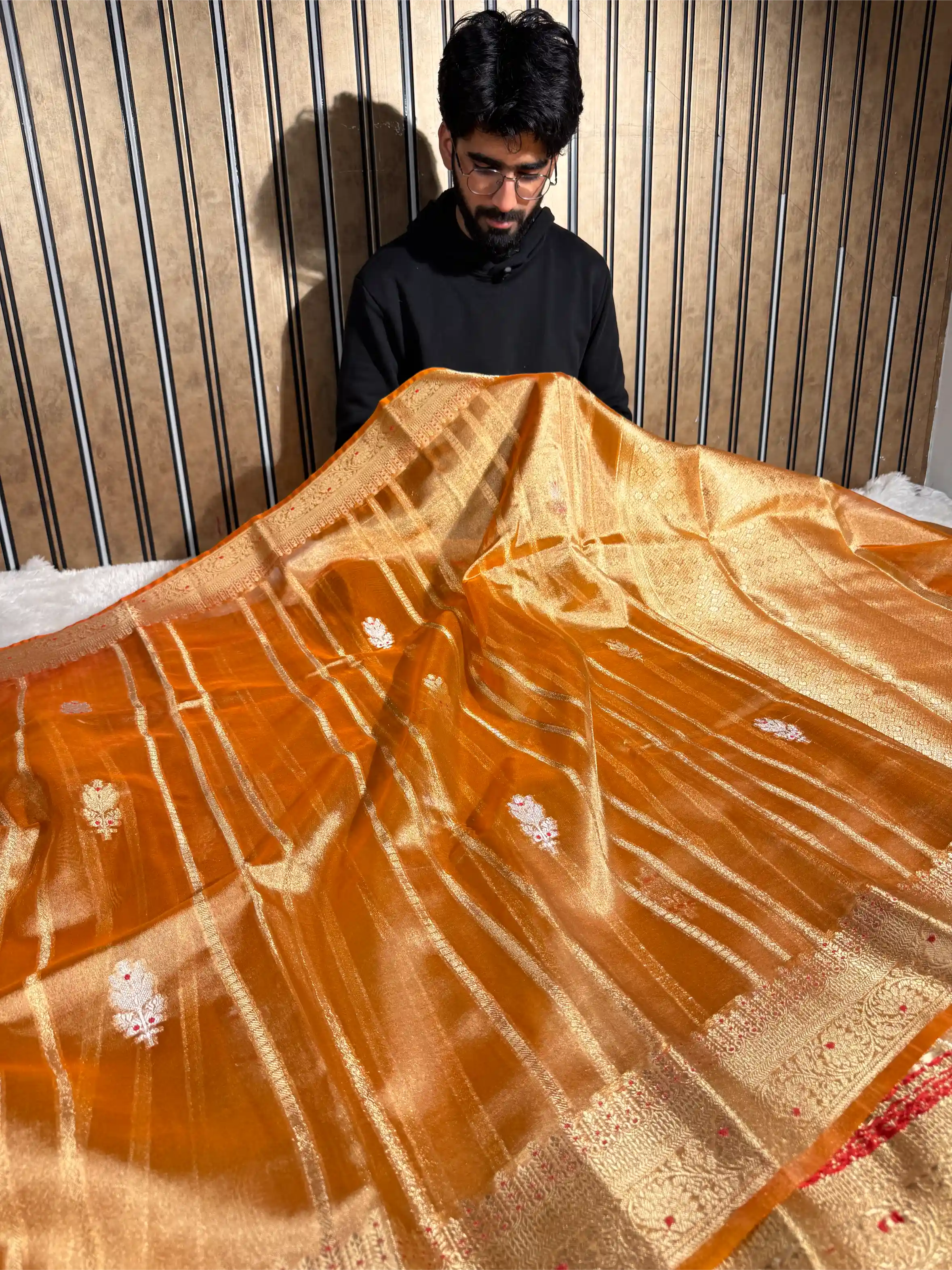 Metallic Orange Kora Tissue Silk Contemporary Meenakari Weave Banarasi Saree