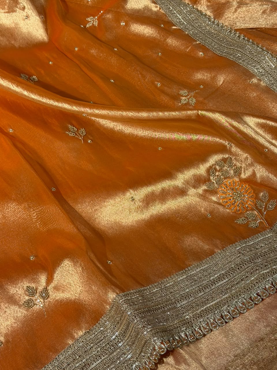 Metallic Orange Kora Tissue Silk Handwork Saree