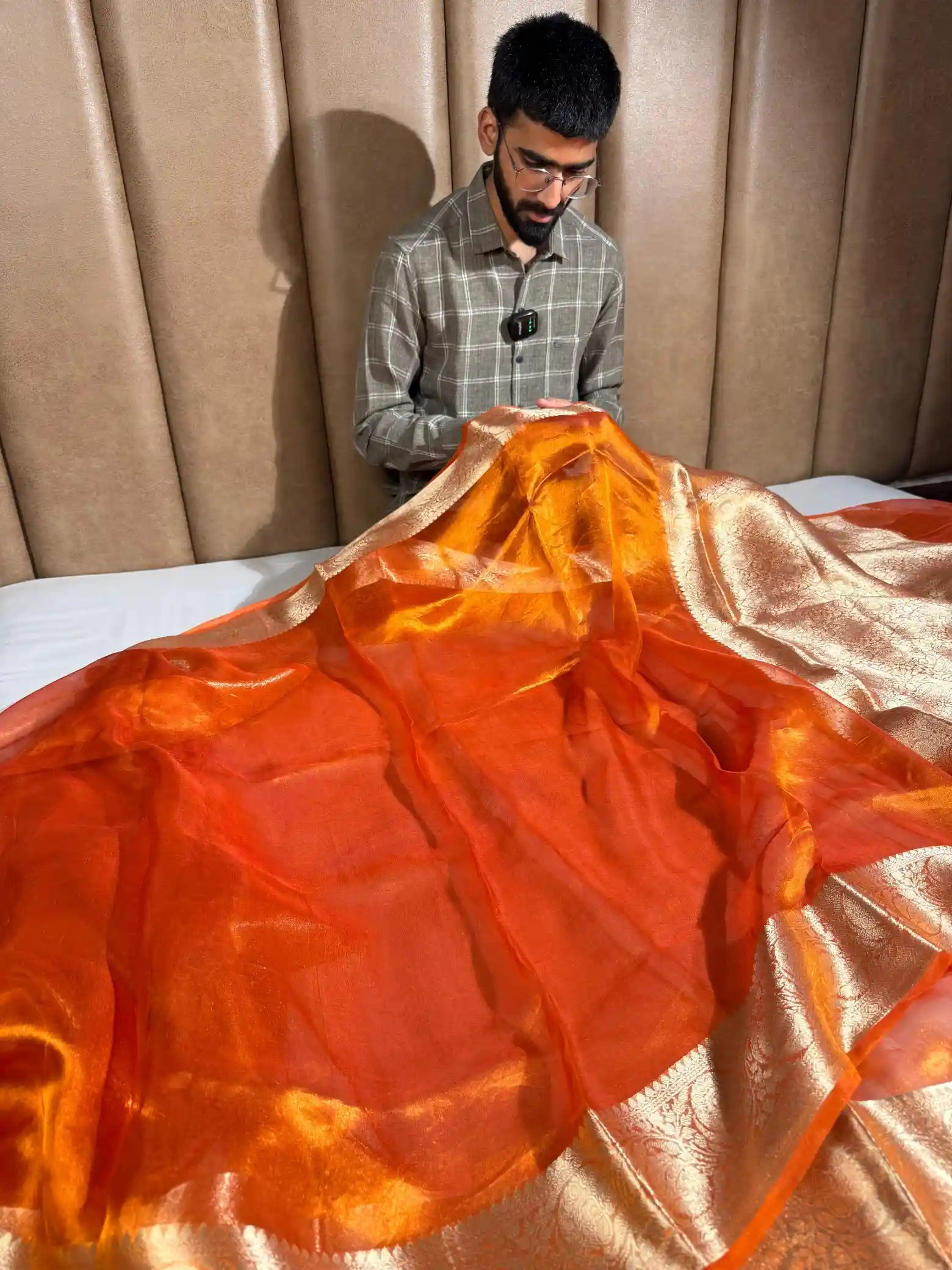 Metallic Orange Pure Tissue Silk Banarasi Saree