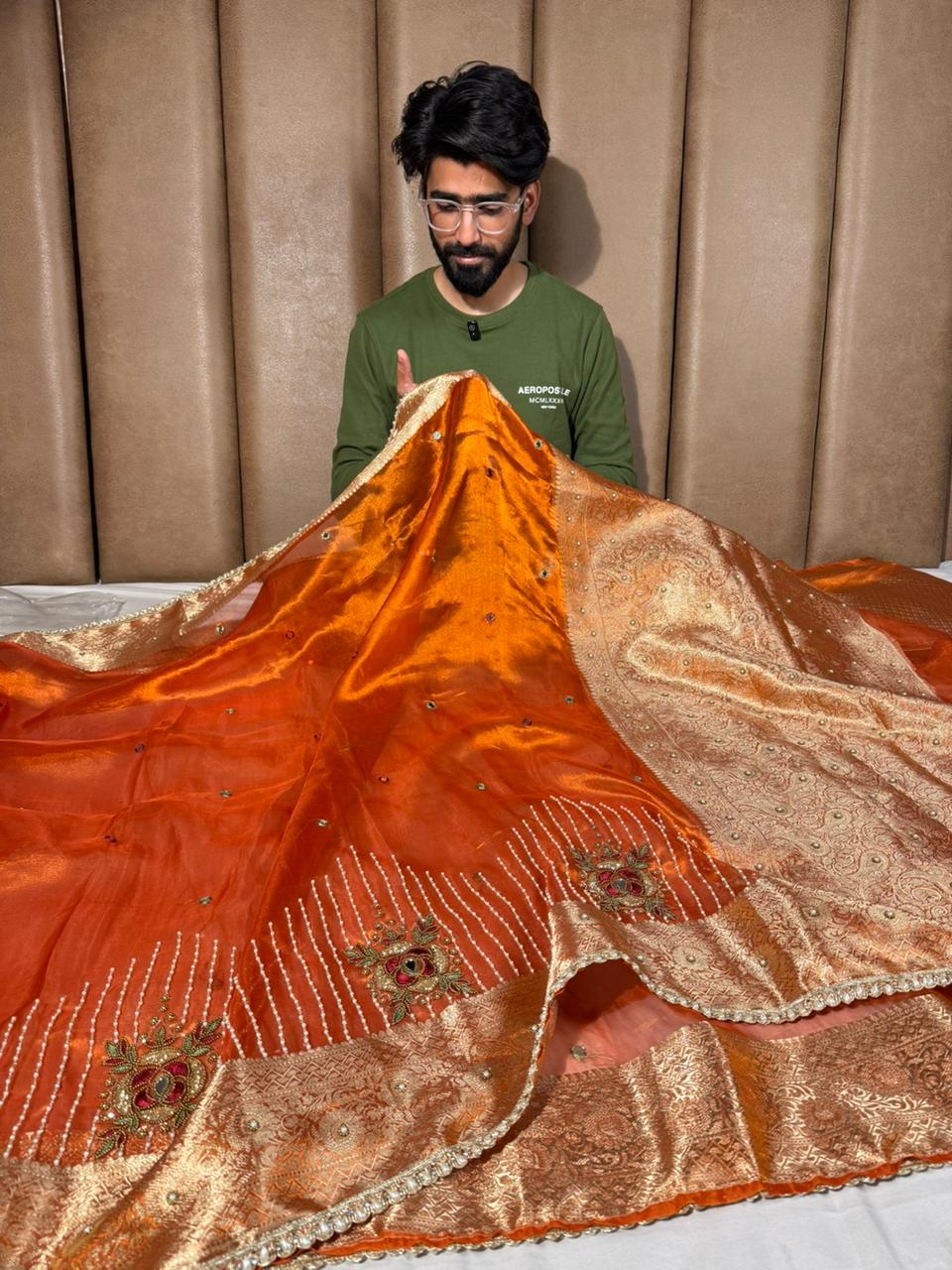 Metallic Orange Pure Tissue Silk Handwork Designer Saree