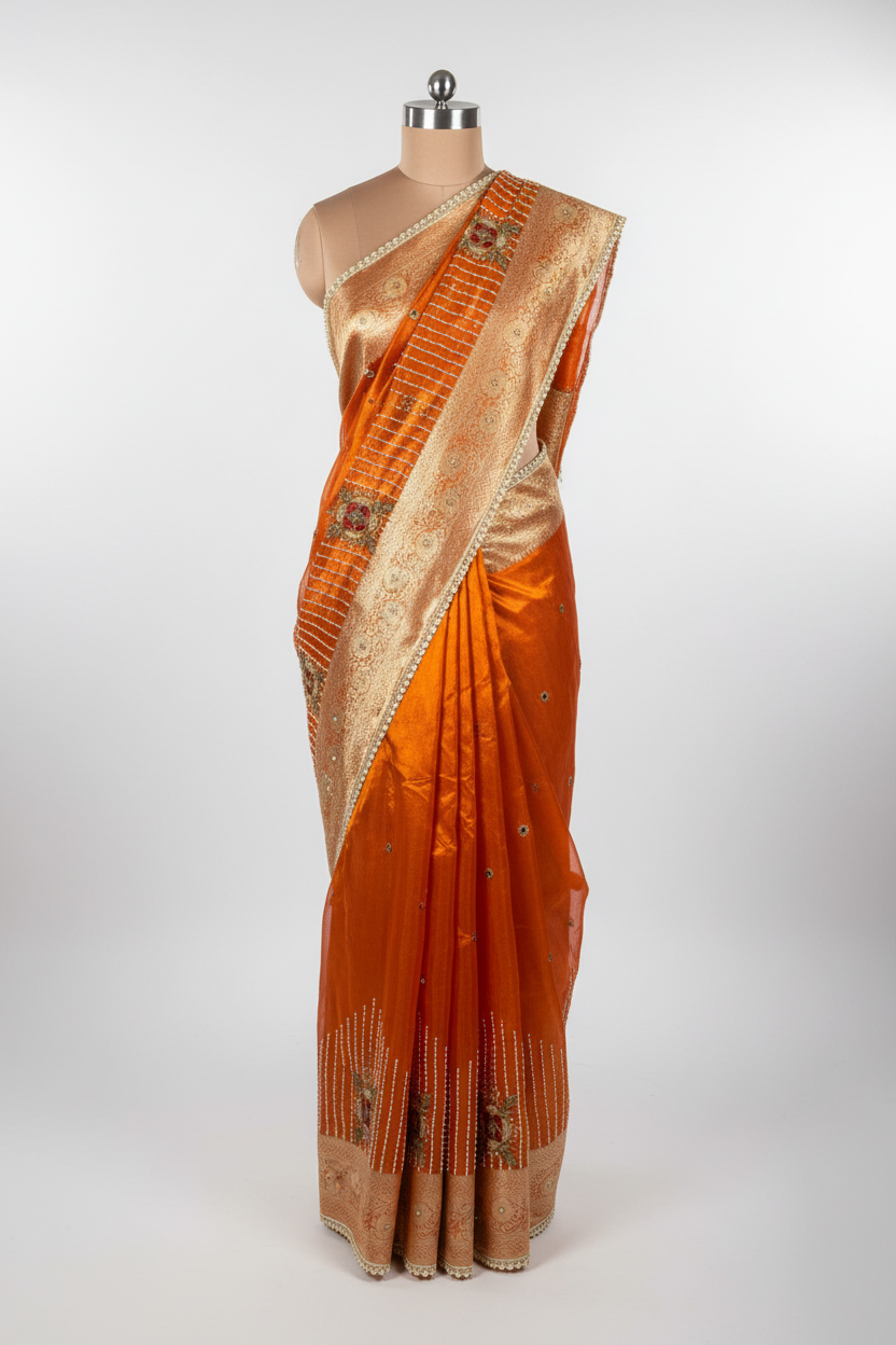 Metallic Orange Pure Tissue Silk Handwork Designer Saree