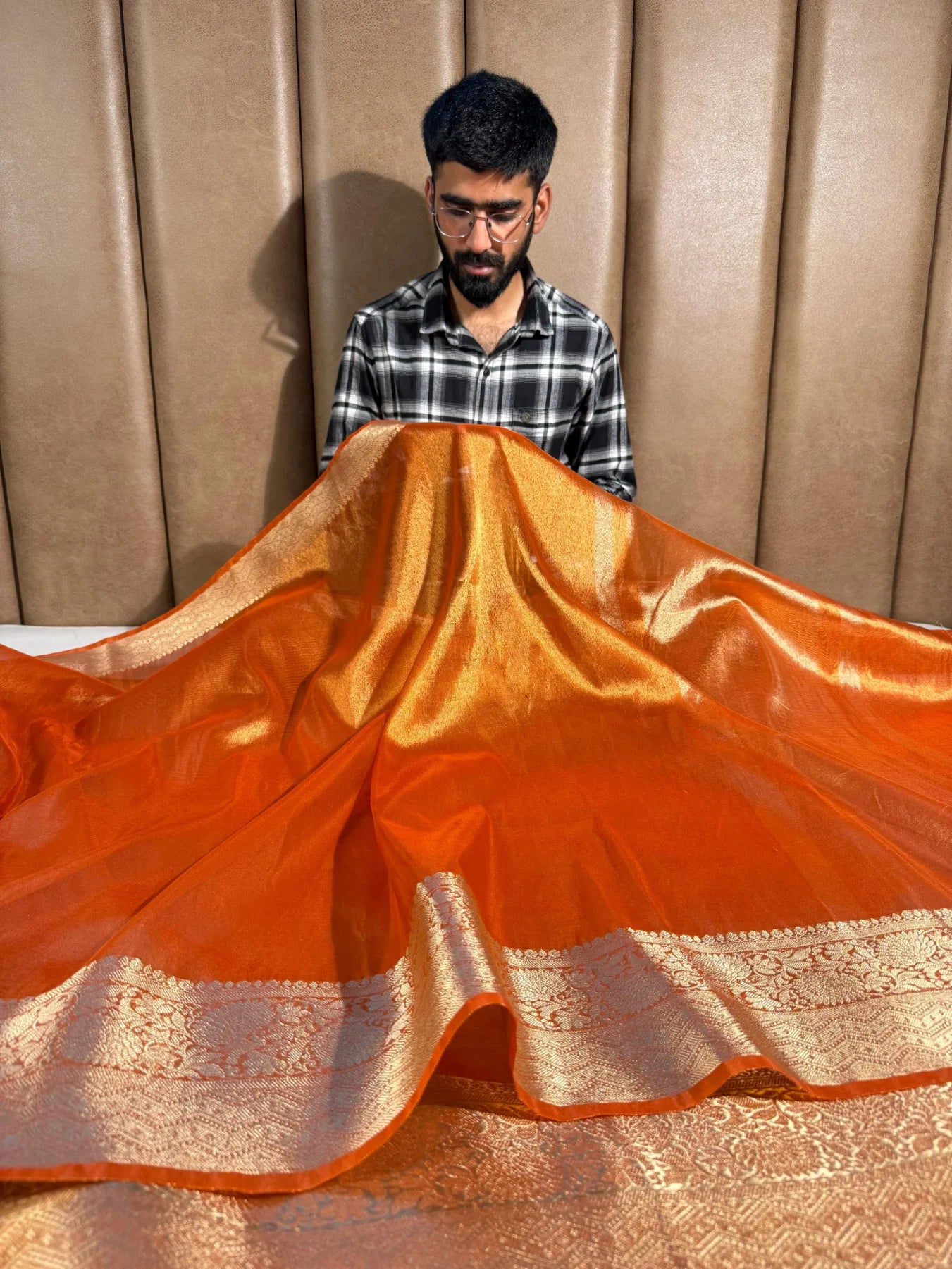 Metallic Orange Tissue Silk Traditional Border Weave Banarasi Saree