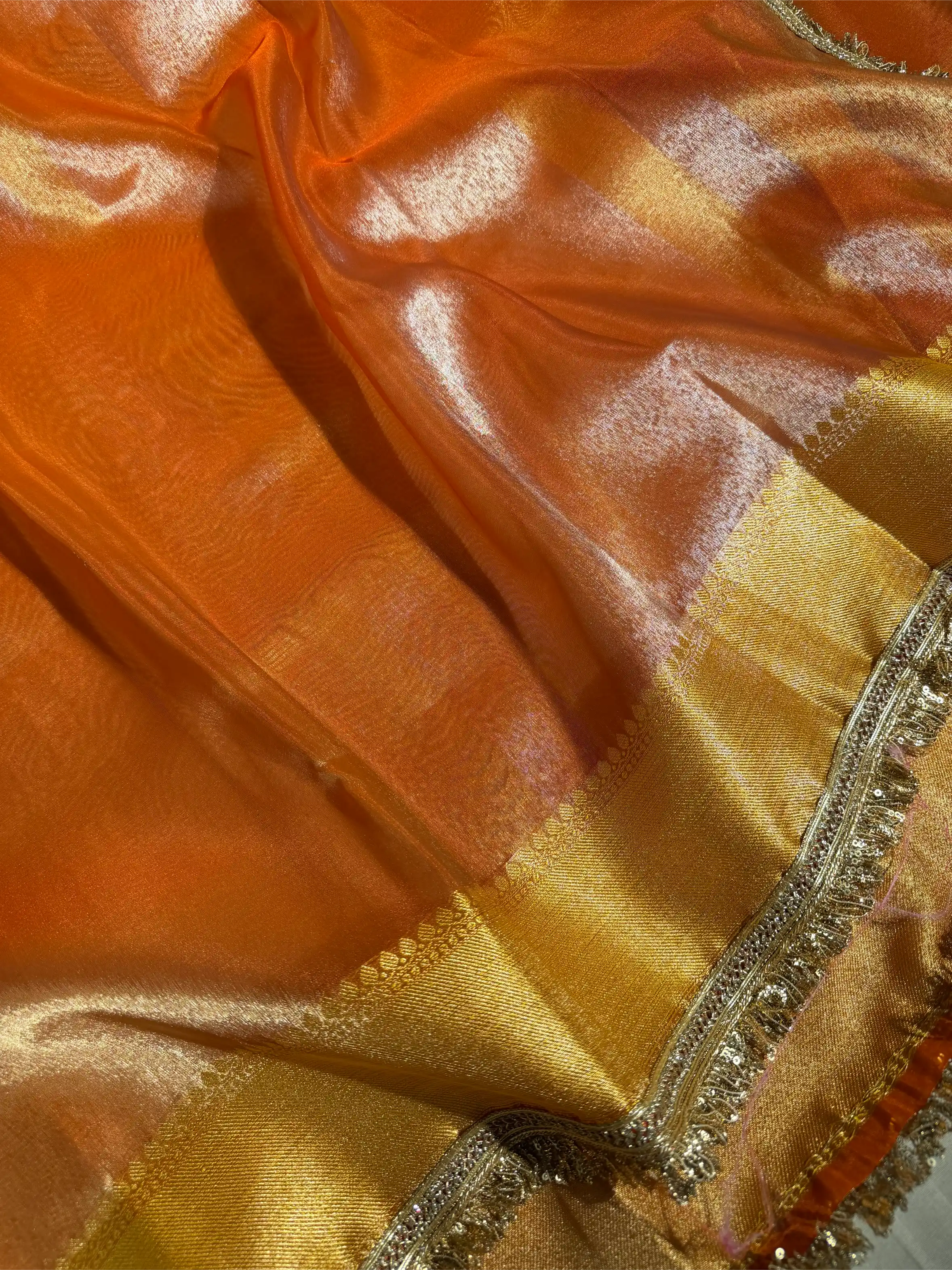 Metallic Orange Tissue Silk Designer Heavy Lace Banarasi Saree