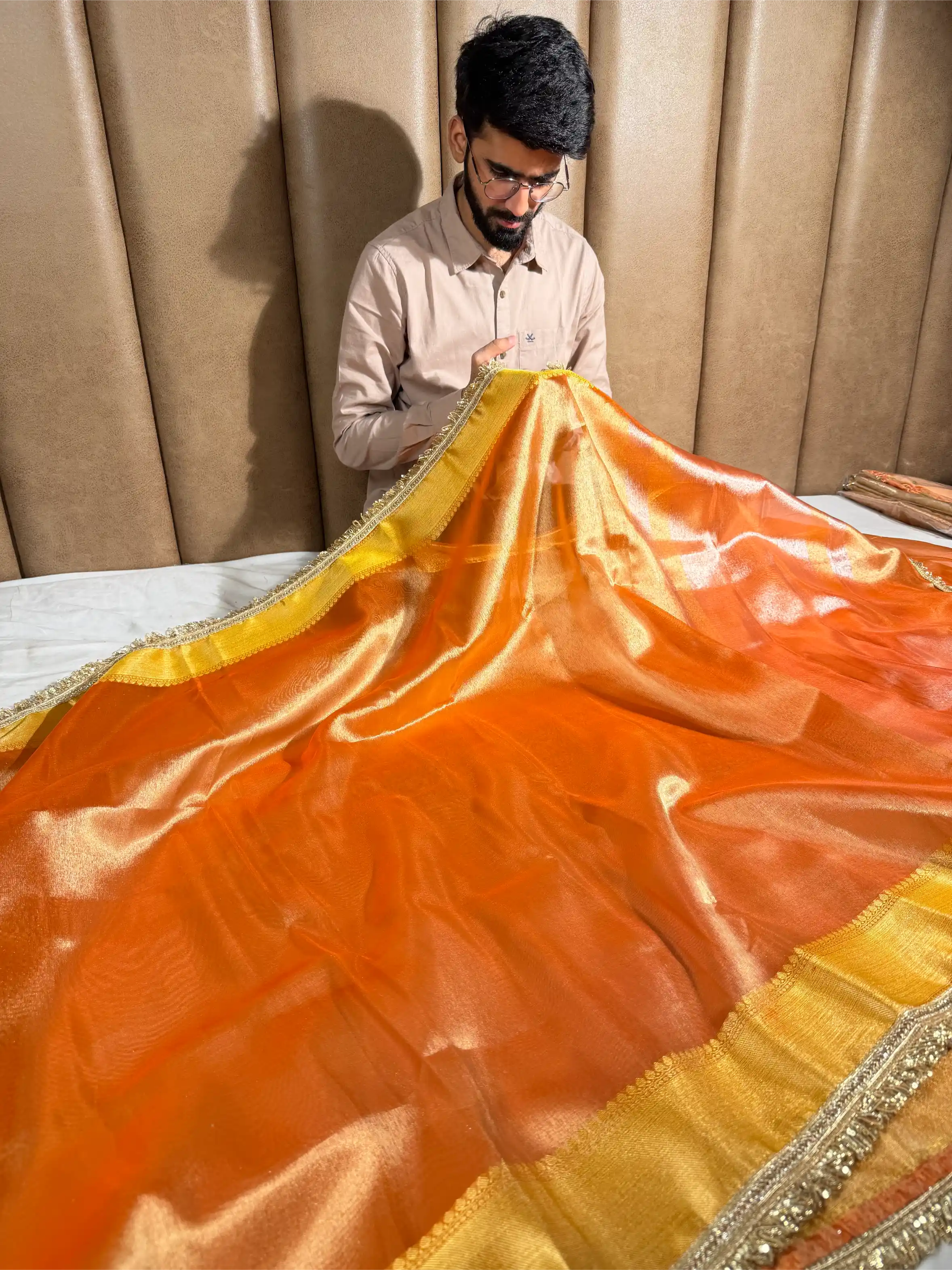 Metallic Orange Tissue Silk Designer Heavy Lace Banarasi Saree