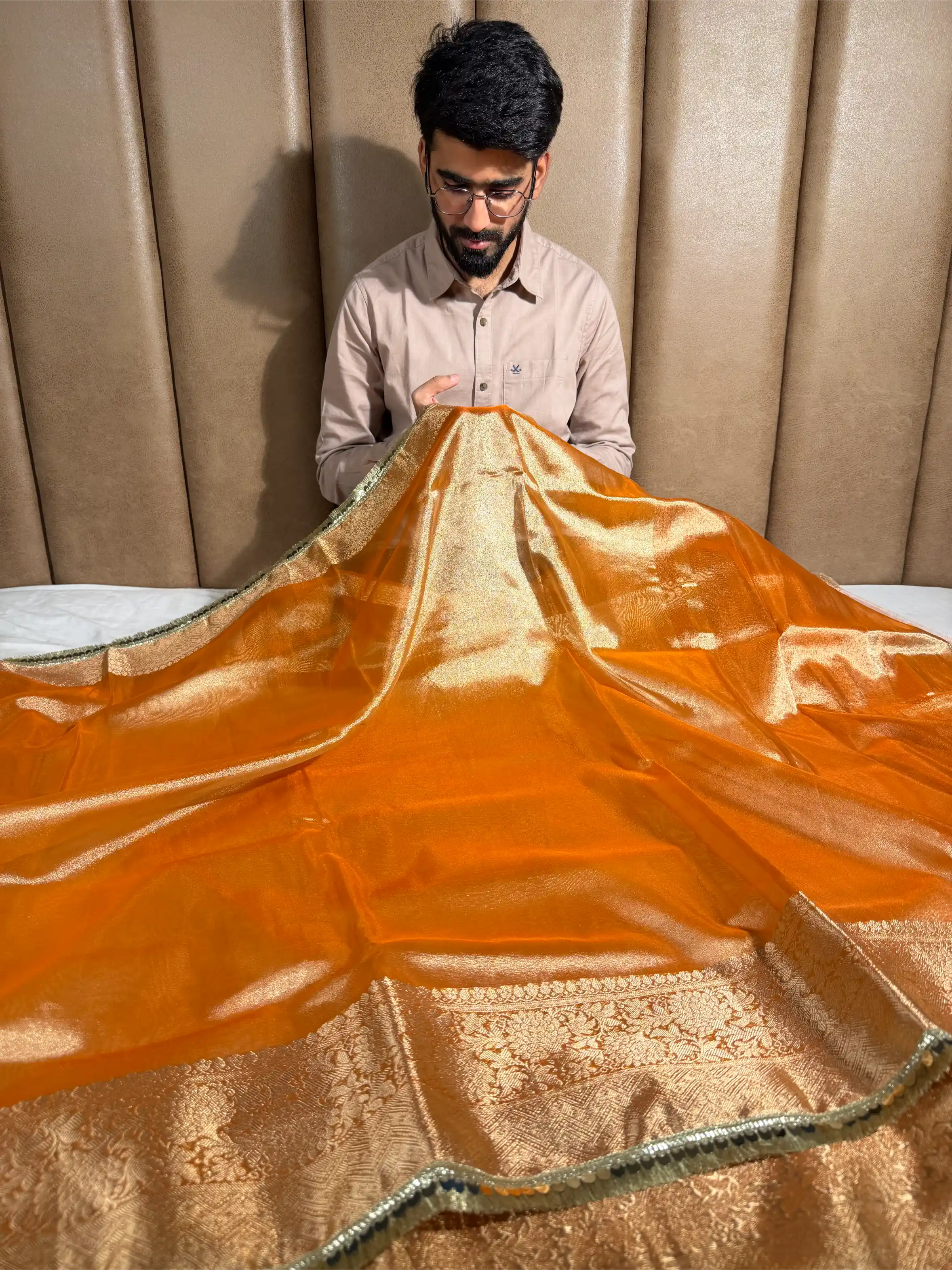 Metallic Orange Tissue Silk Designer Lace Attached Banarasi Saree