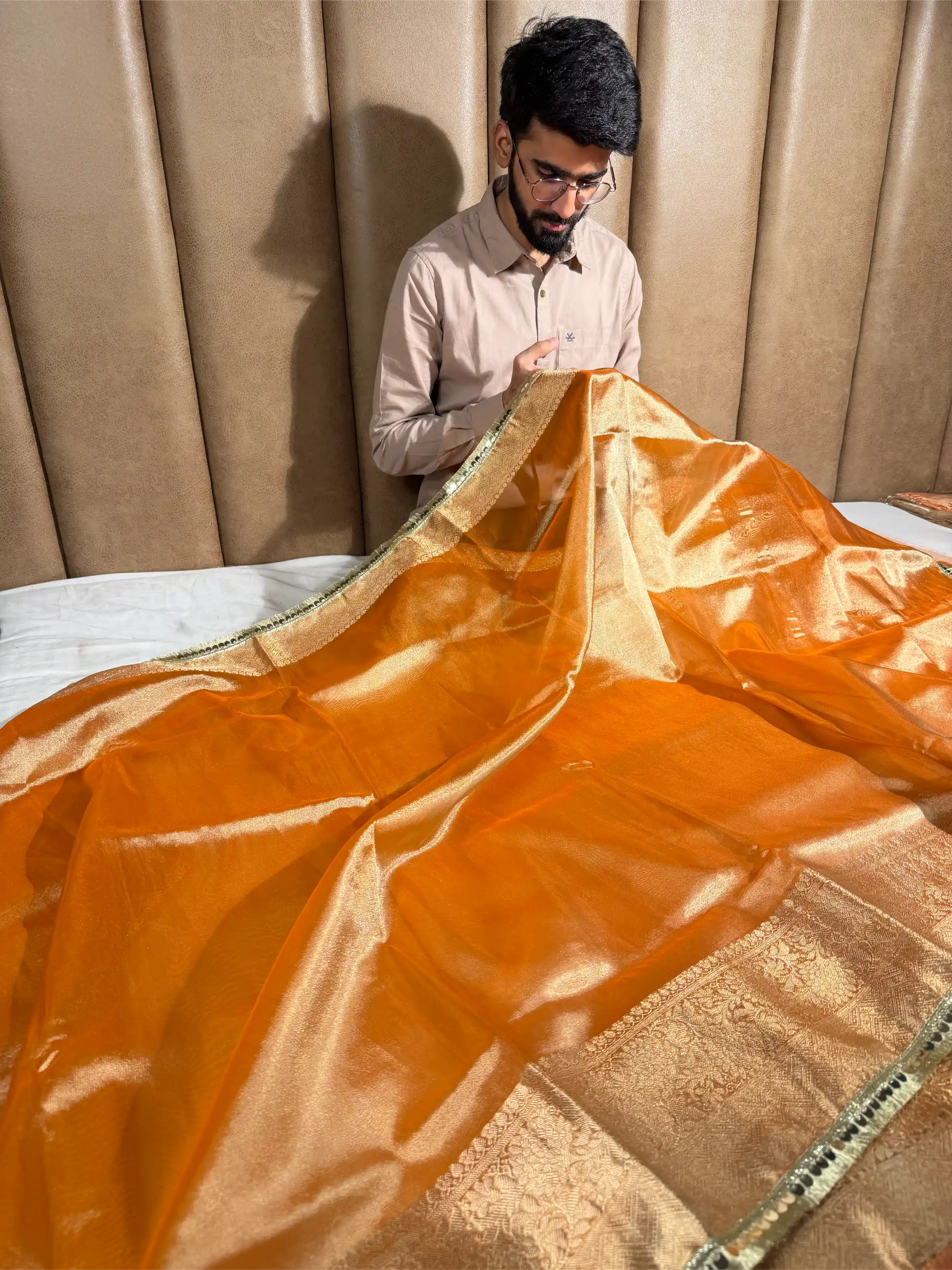 Metallic Orange Tissue Silk Designer Lace Attached Banarasi Saree