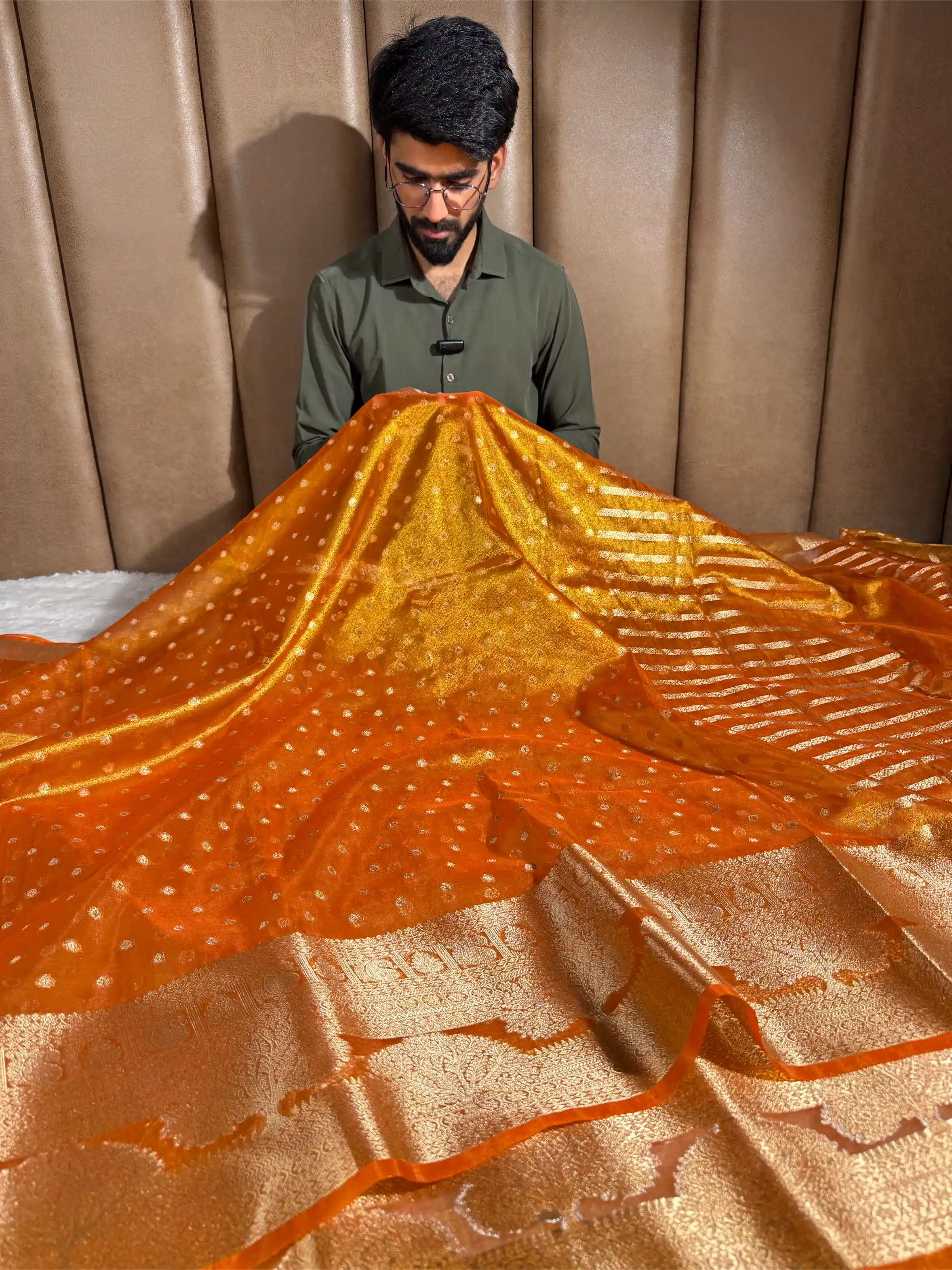 Metallic Orange Tissue Silk Eccentric Traditional Weave Banarasi Saree