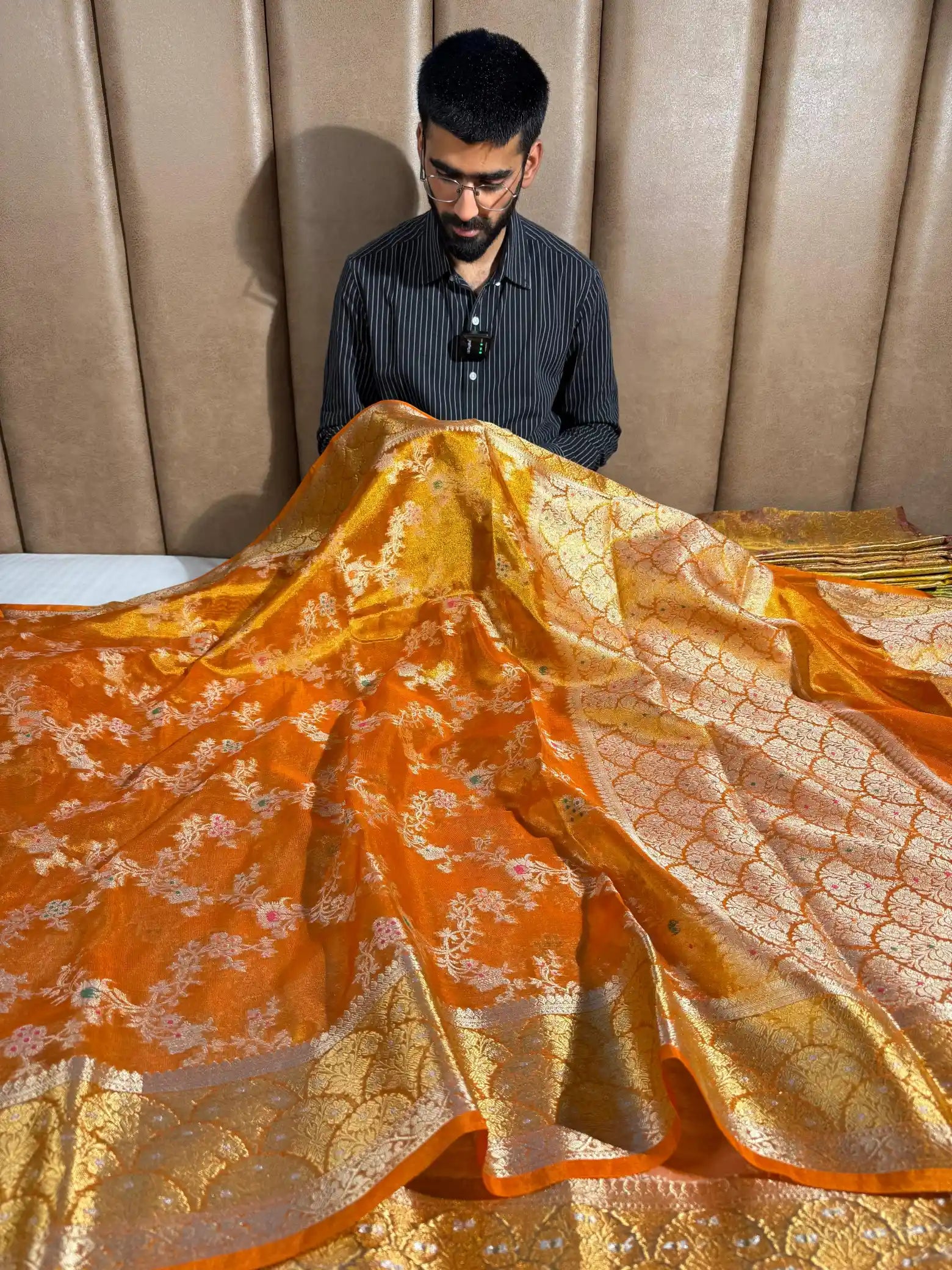 Metallic Orange Tissue Silk Heritage Intricate Meena Weave Banarasi Saree