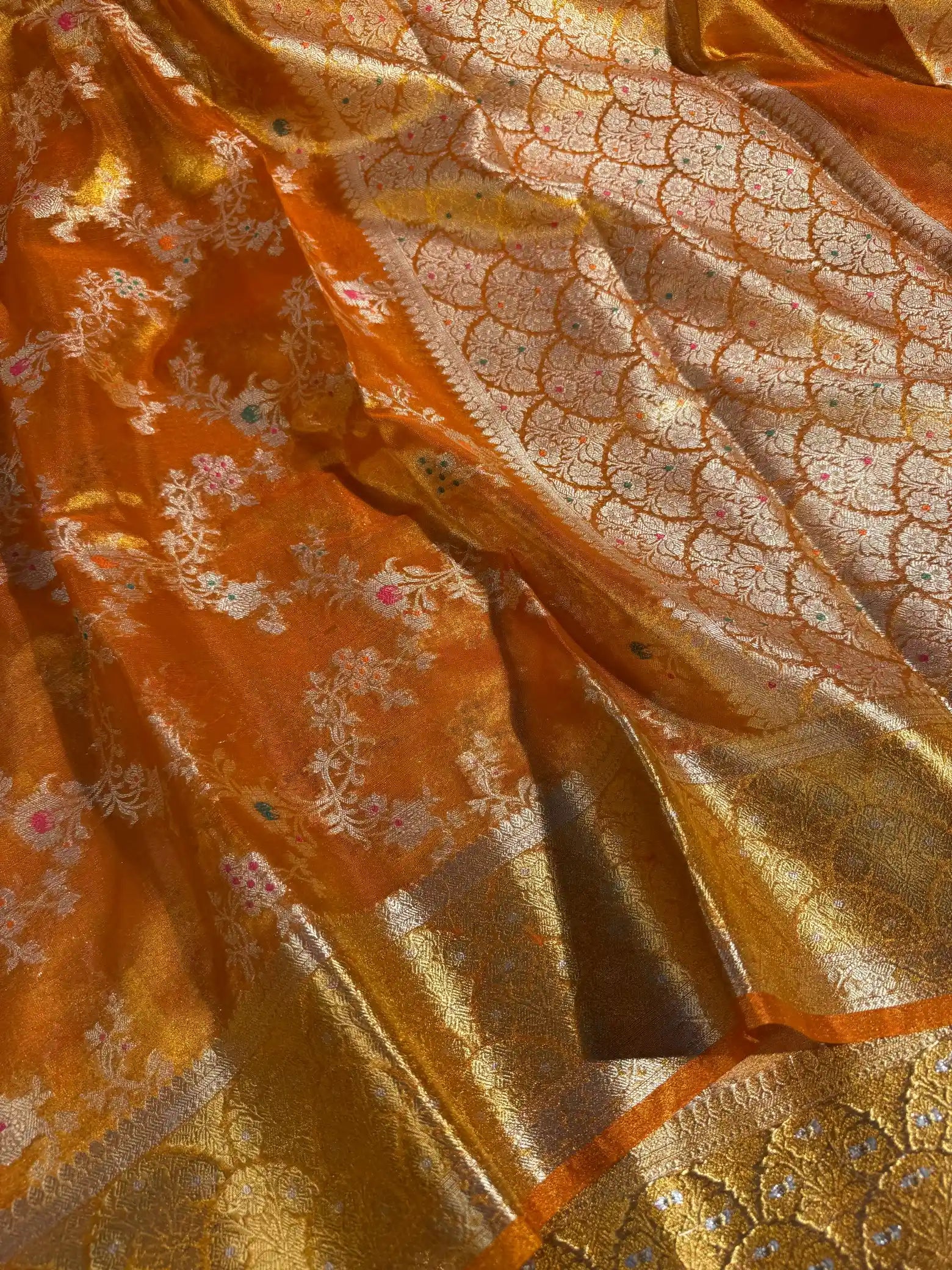 Metallic Orange Tissue Silk Heritage Intricate Meena Weave Banarasi Saree