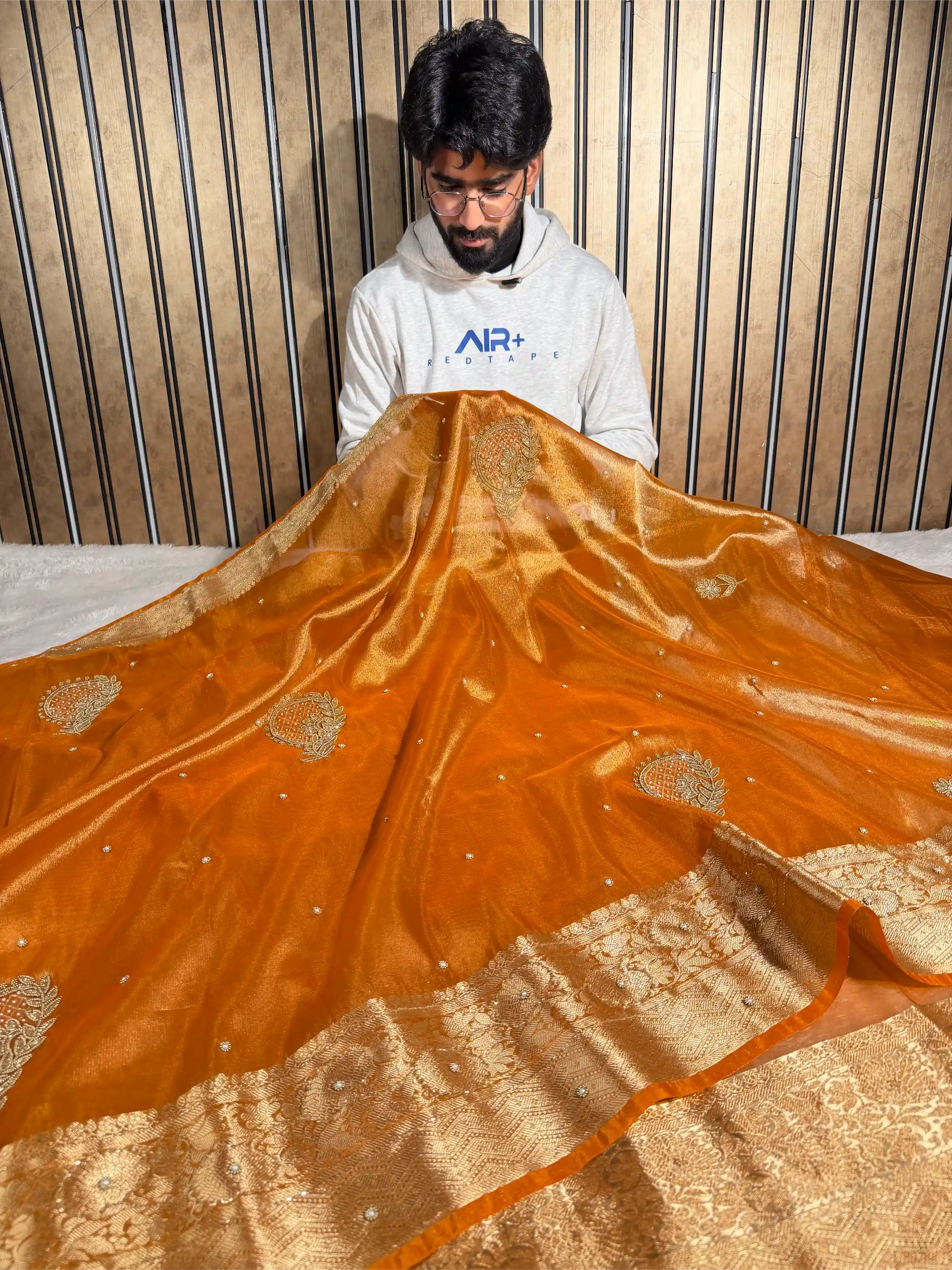 Metallic Orange Tissue Silk Premium Handwork Banarasi Saree